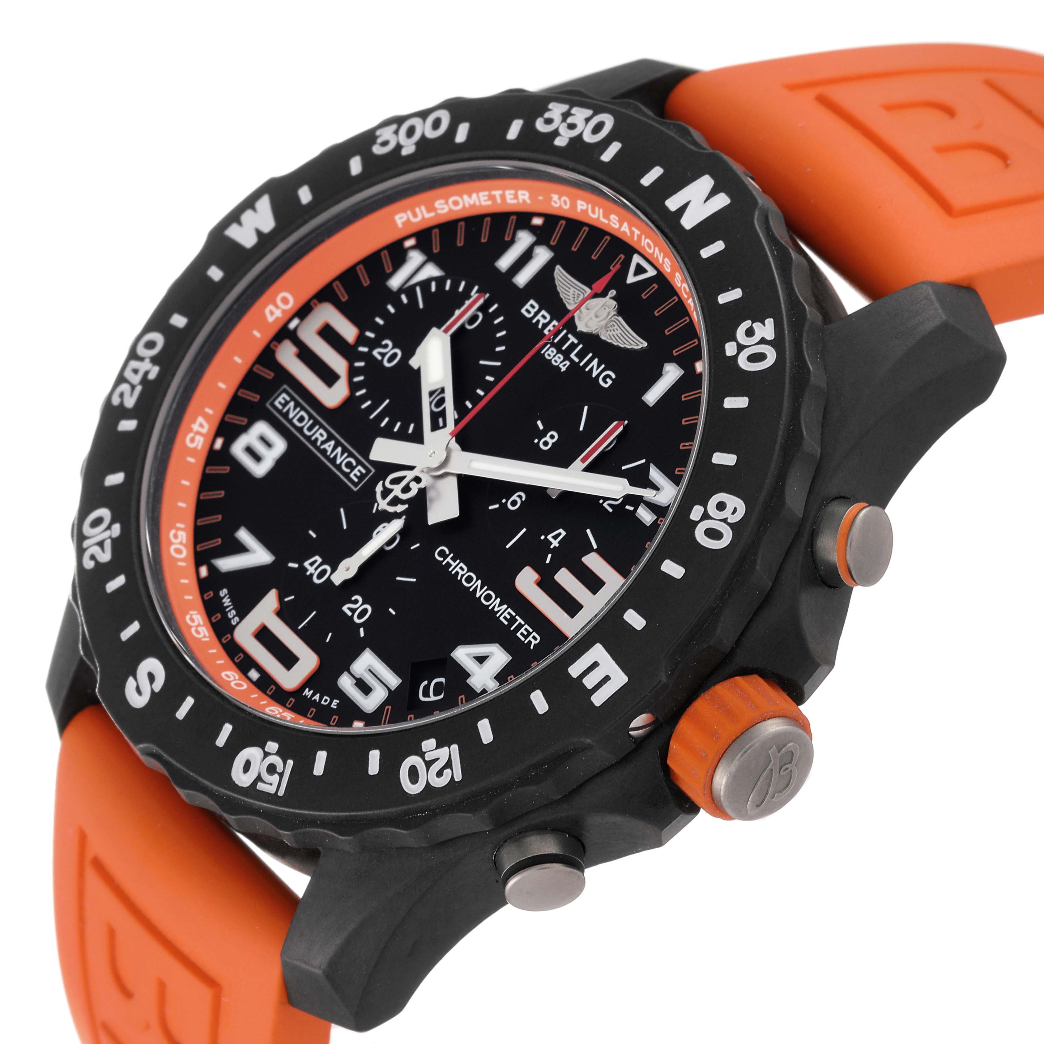 The Breitling Professional Series X82310 Men's Titanium Black Dial X82310 Men's Titanium Black Dial watch is shown in an angled view, highlighting the bezel, dial, chronograph, and orange strap.