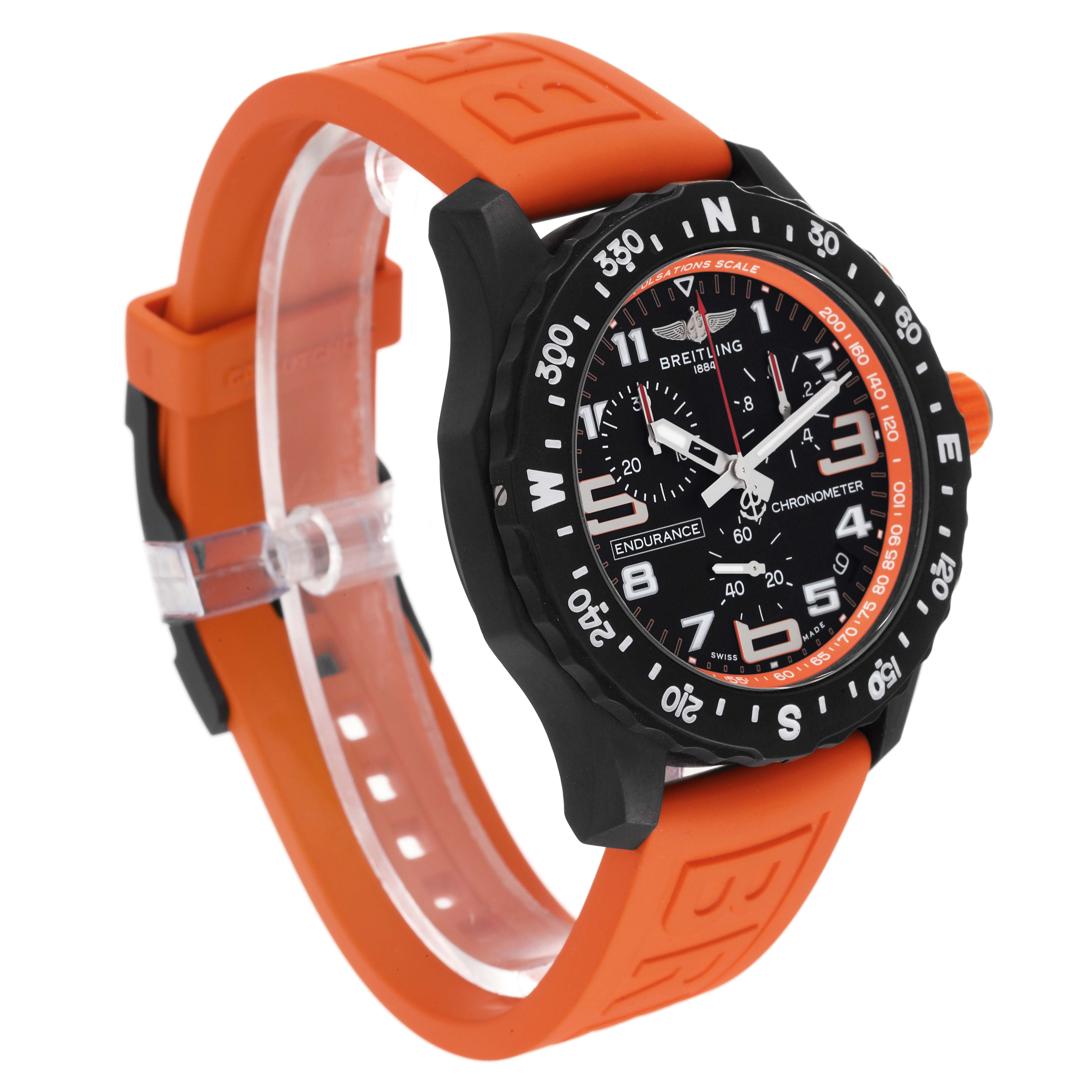 The image shows a Breitling Professional Series X82310 Men's Titanium Black Dial X82310 Men's Titanium Black Dial model watch at a three-quarter angle, highlighting its face, bezel, and orange strap.