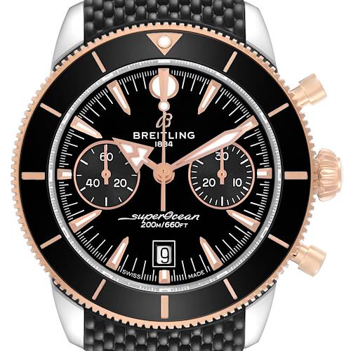 The Superocean by Breitling is shown from a front angle, displaying the face, bezel, and chronograph subdials.
