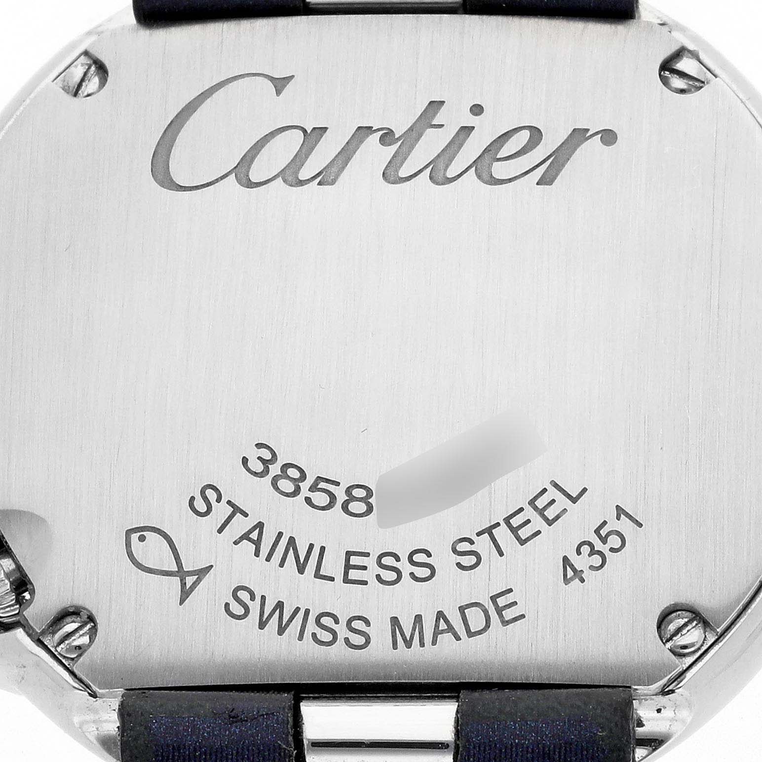 The image shows the back of the Cartier Ballon Blanc W4BL0003 Women
s Stainless Steel Silver Dial watch displaying the brand name and details like "Stainless Steel" and "Swiss Made."