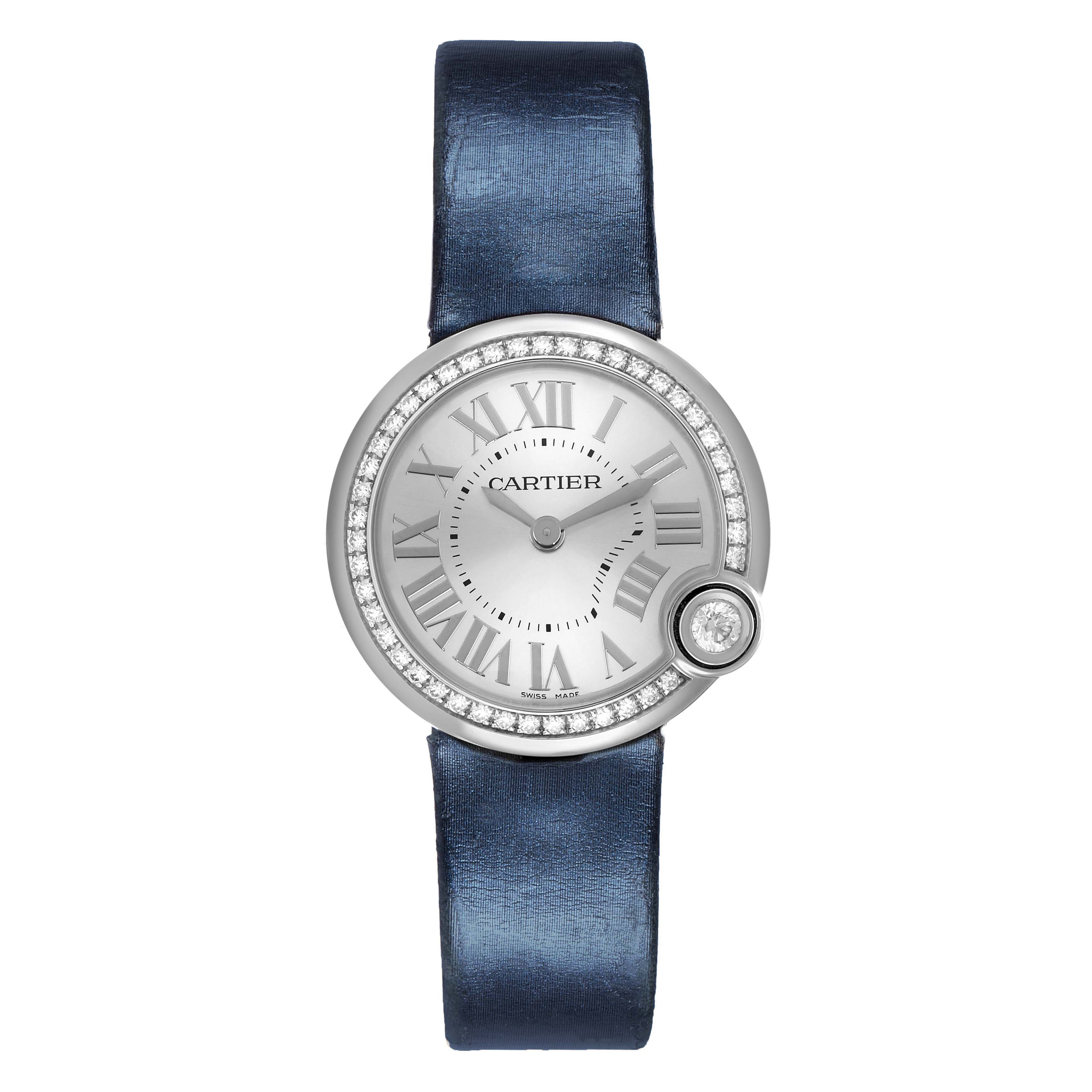 The Ballon Blanc de Cartier watch is shown from a front angle, highlighting its round face, Roman numerals, and diamond accents.