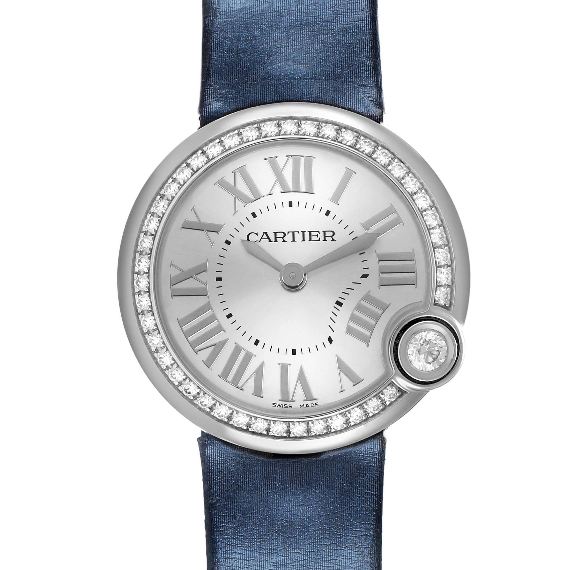 The Cartier Ballon Blanc W4BL0003 Women
s Stainless Steel Silver Dial watch is shown from the front, featuring a diamond bezel and a blue strap.