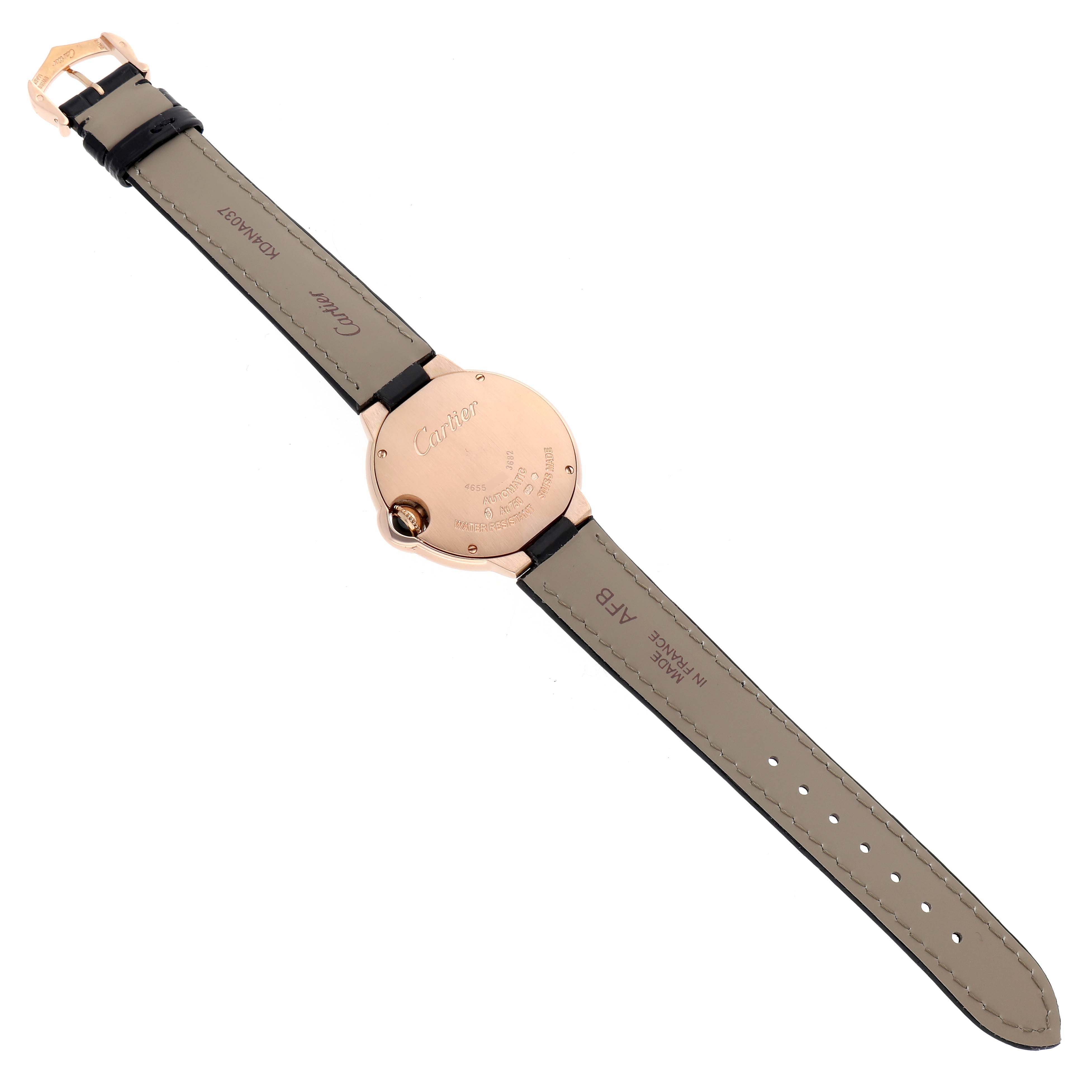 The image shows the back case and full leather strap of the Cartier Ballon Bleu WE902063 Women
s Rose Gold Silver Dial watch, lying flat.