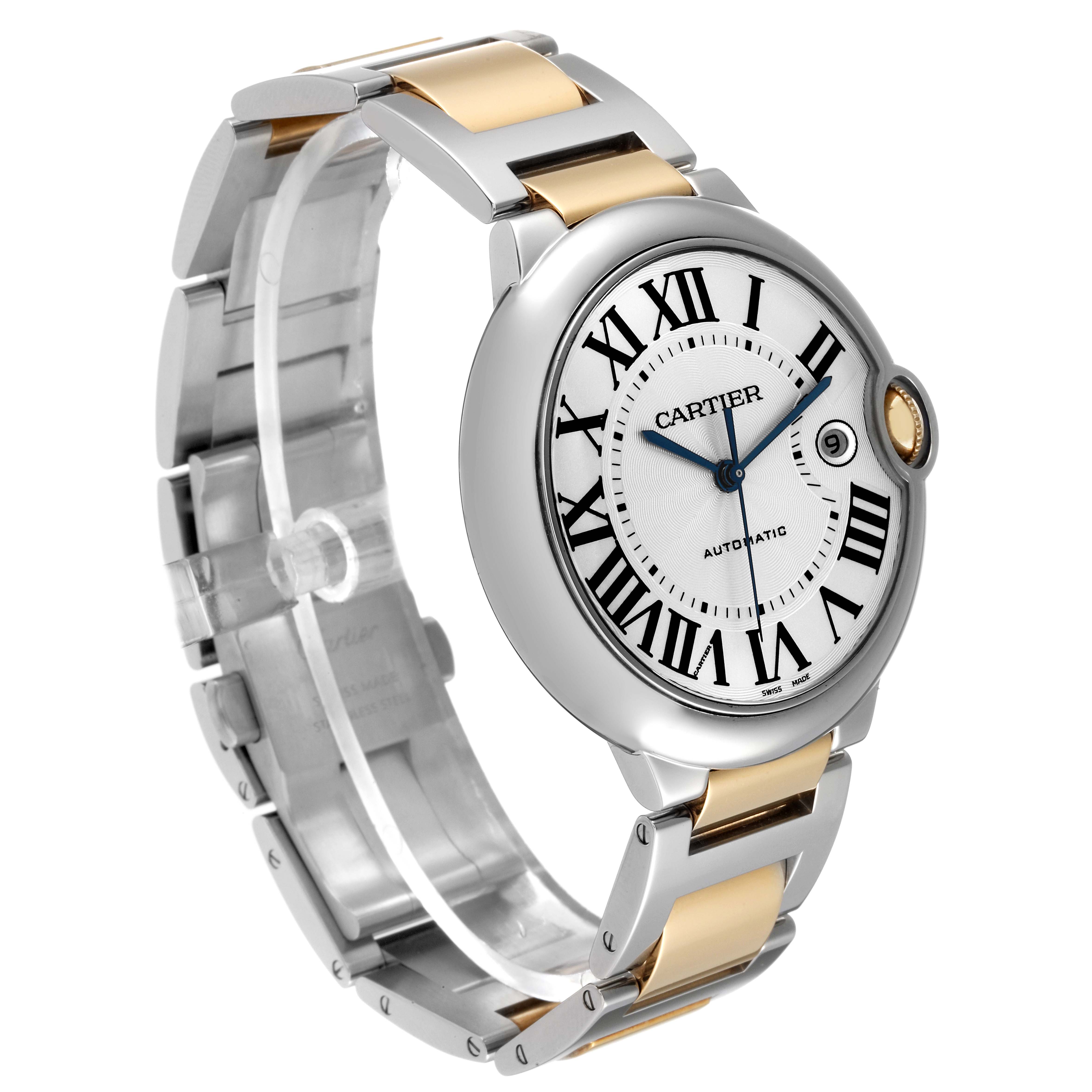 The image shows a Cartier Ballon Bleu W69009Z3 Men
s Steel and Gold (two tone) Silver Dial W69009Z3 Men
s Steel and Gold (two tone) Silver Dial watch at an angle highlighting the face, Roman numerals, and two-tone bracelet.