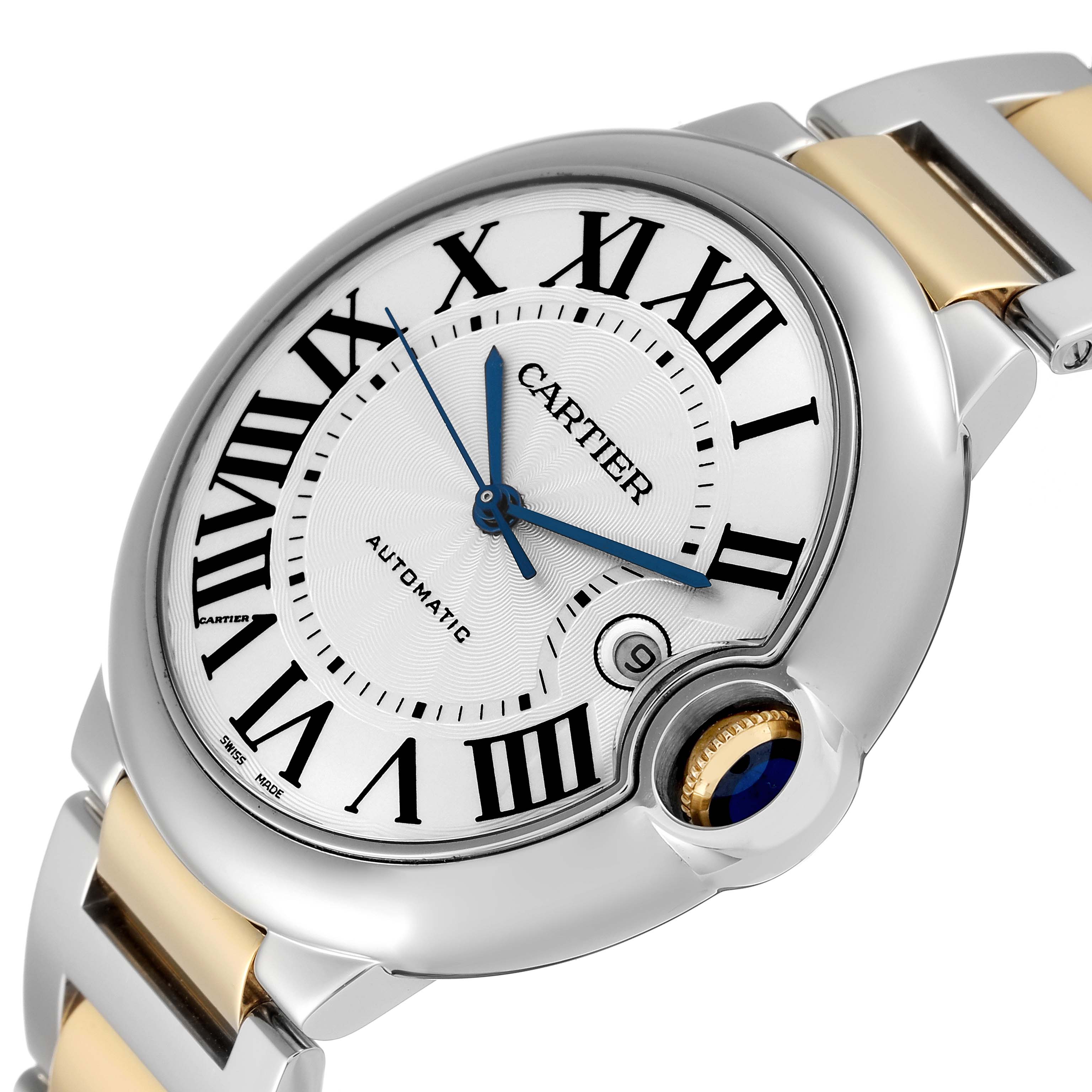 The image shows a close-up angle of the dial and part of the bracelet of the Ballon Bleu model by Cartier.