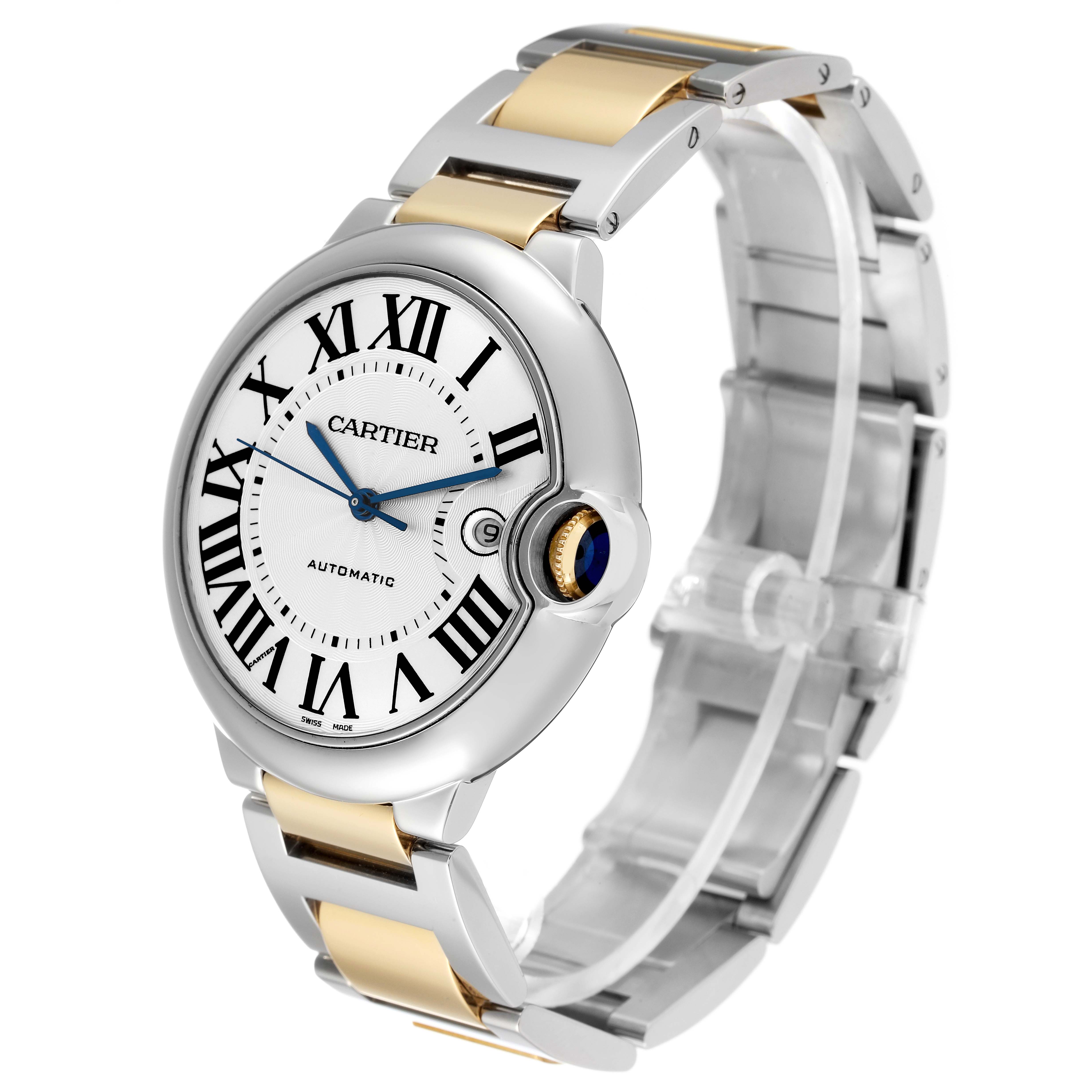 The Cartier Ballon Bleu W69009Z3 Men
s Steel and Gold (two tone) Silver Dial W69009Z3 Men
s Steel and Gold (two tone) Silver Dial watch is shown at a three-quarter angle, highlighting its face and bi-metal bracelet.