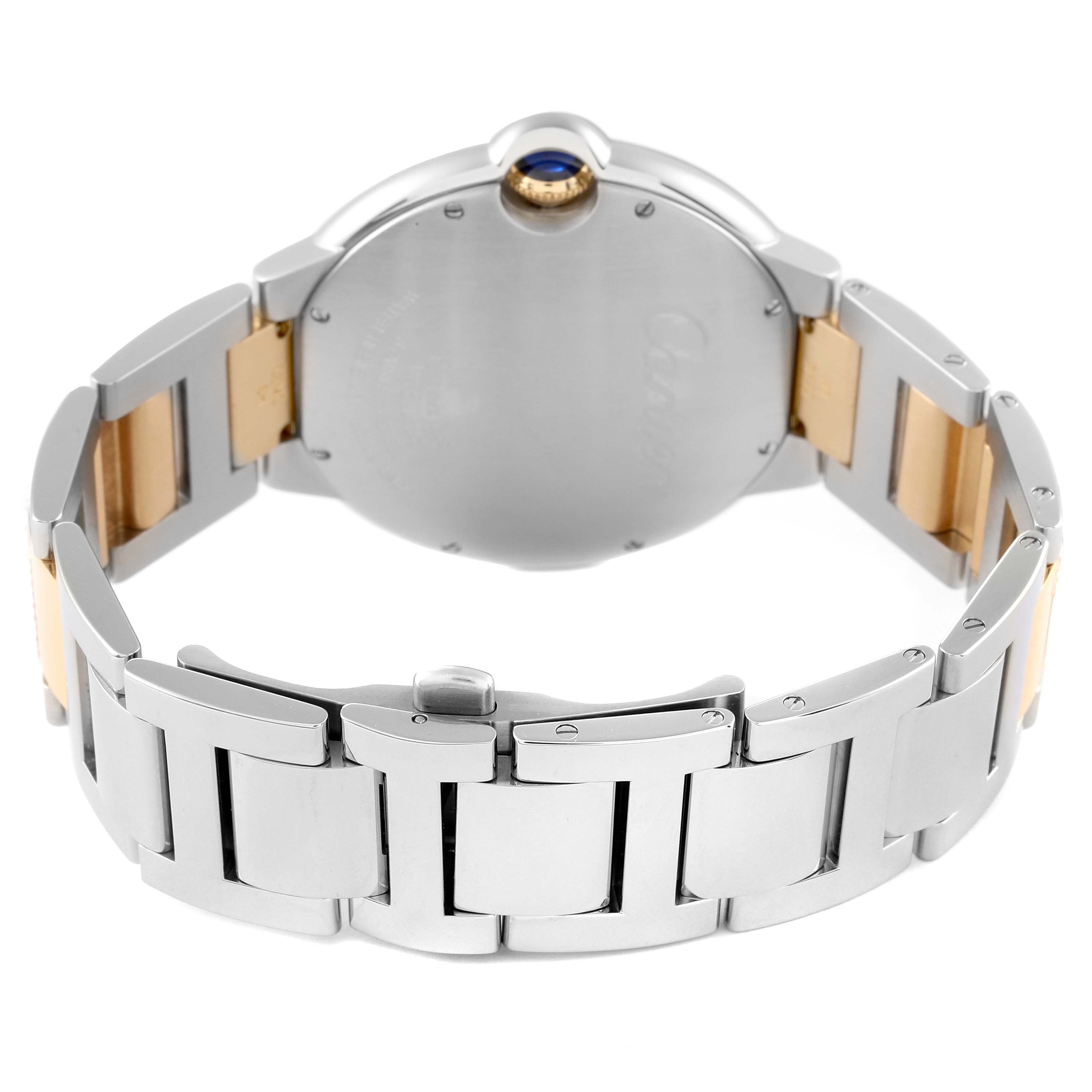 The image shows the back view of a Cartier Ballon Bleu W69009Z3 Men
s Steel and Gold (two tone) Silver Dial W69009Z3 Men
s Steel and Gold (two tone) Silver Dial watch, highlighting its metal bracelet and clasp.