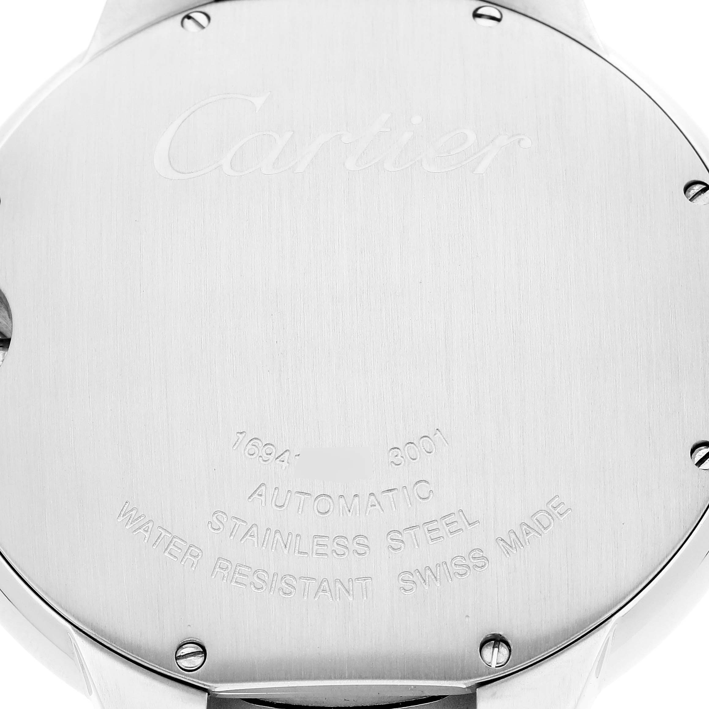 This is an image of the case back of a Cartier Ballon Bleu W69009Z3 Men
s Steel and Gold (two tone) Silver Dial W69009Z3 Men
s Steel and Gold (two tone) Silver Dial watch, showing the engravings and screws.