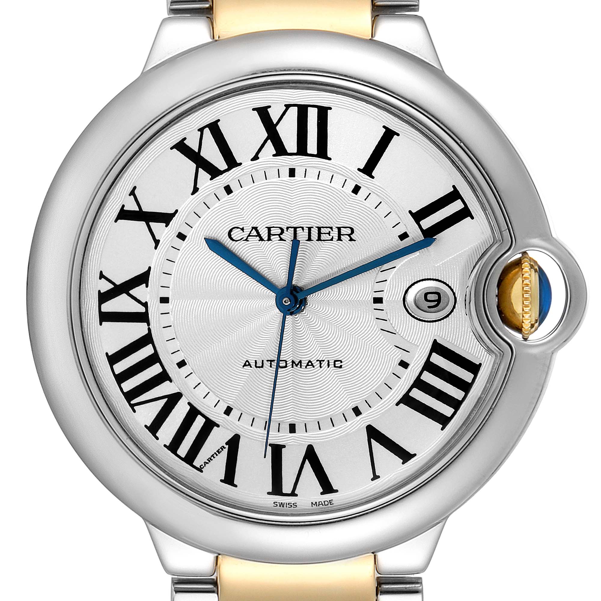 This image shows a close-up front view of the Ballon Bleu model by Cartier, showcasing the dial, Roman numerals, and blue hands.