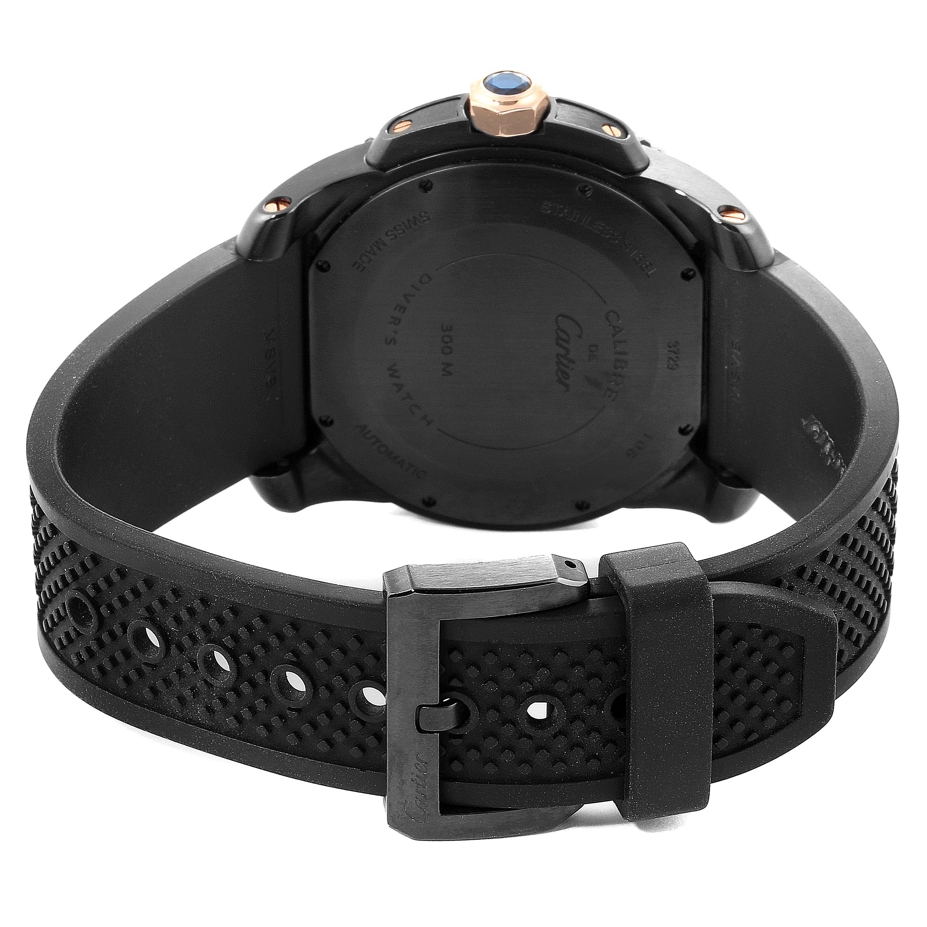 The image shows the back view of a Calibre de Cartier watch by Cartier, highlighting its case back, strap, and buckle.