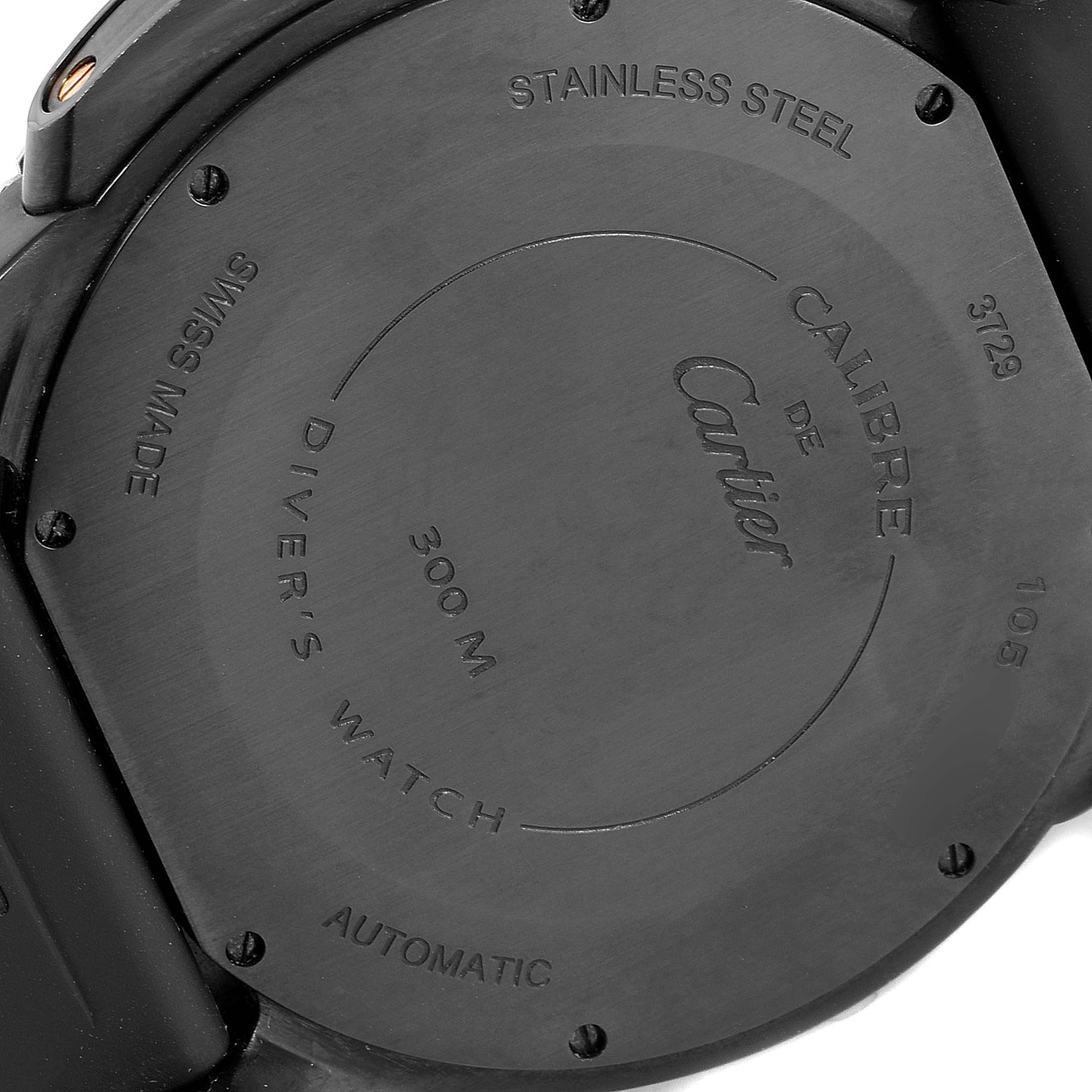 The image shows the stainless steel case back of a Calibre de Cartier Diver's Watch by Cartier, taken from the back angle.