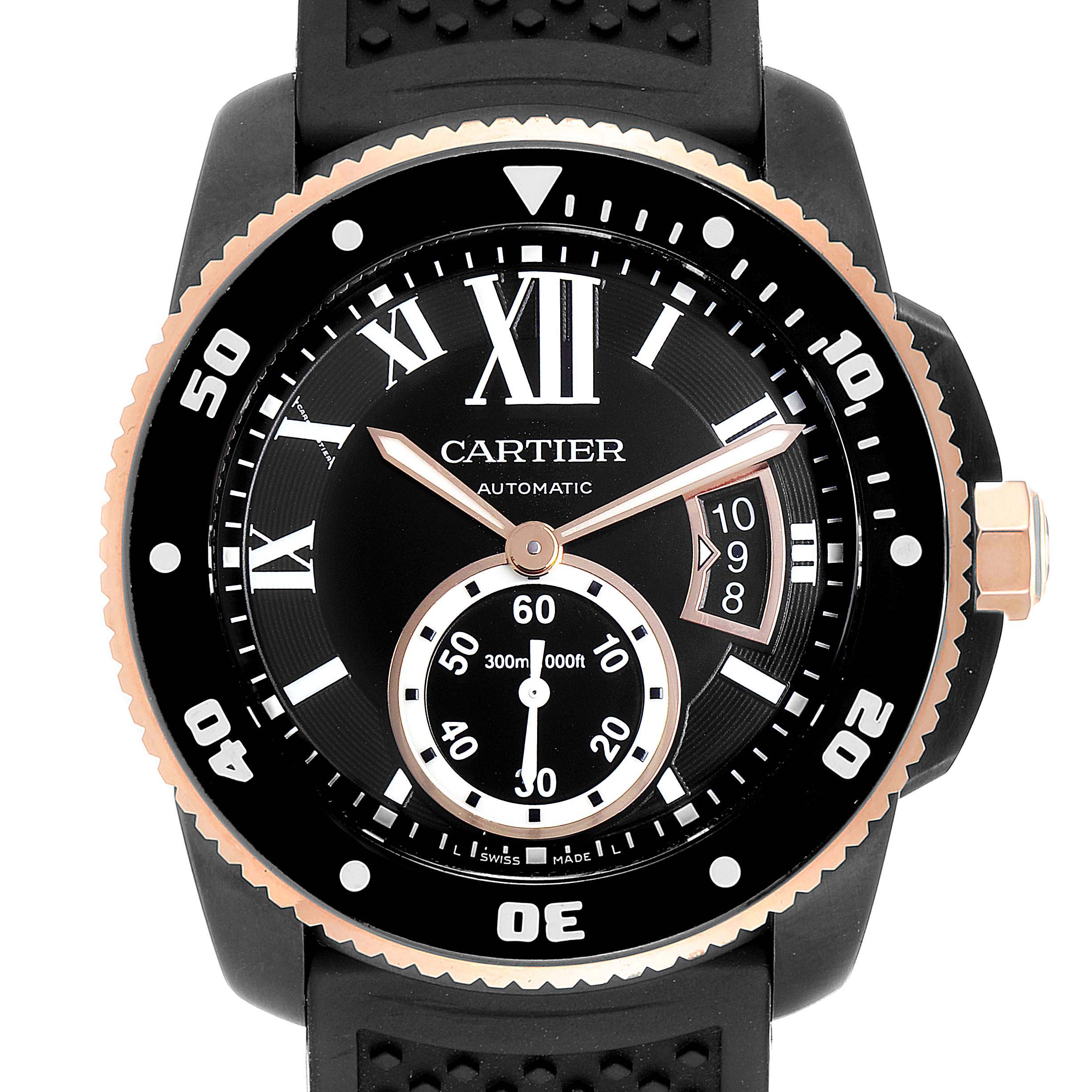 This image shows a front view of the Calibre de Cartier watch by Cartier, highlighting the dial, bezel, and strap.