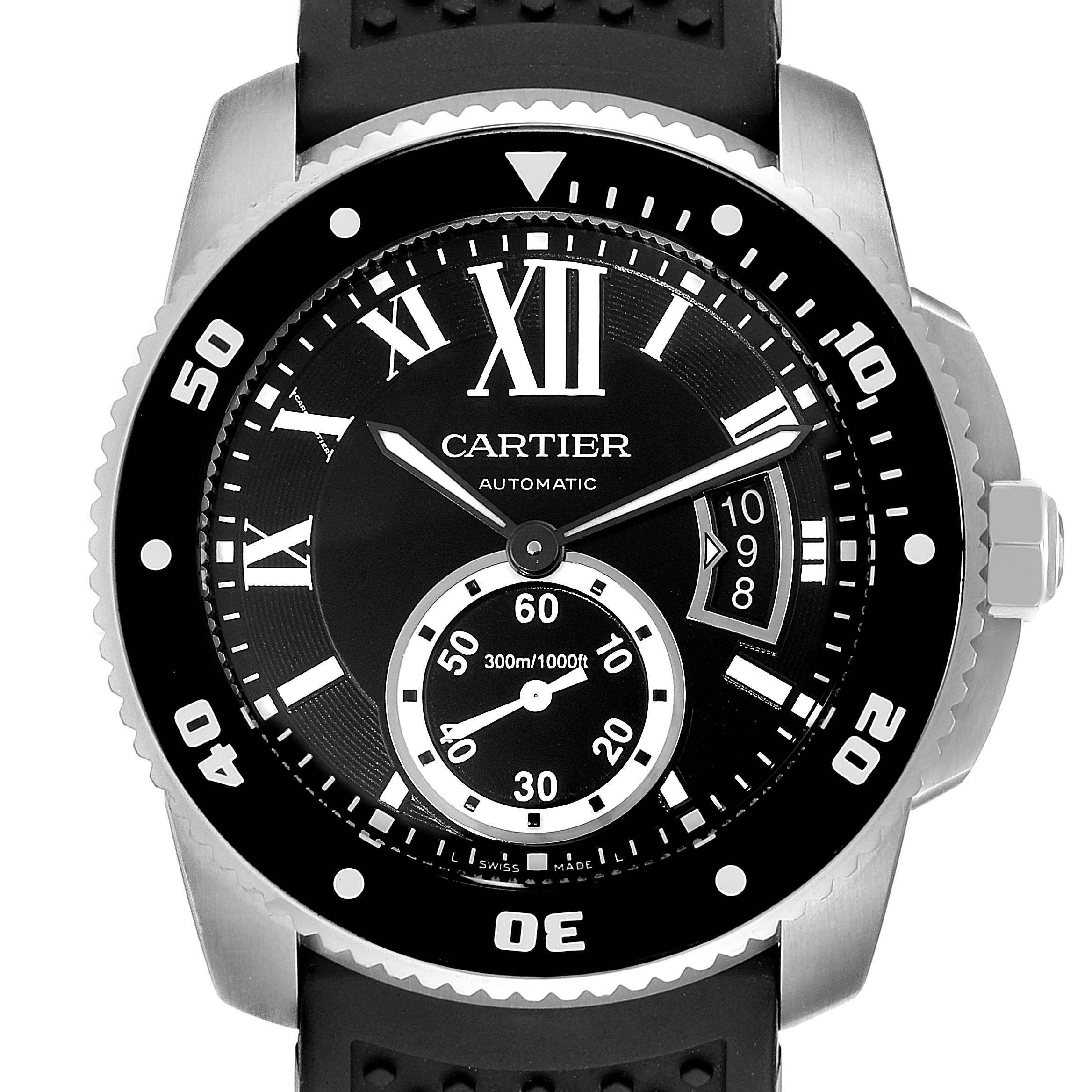 The image shows a front view of the Calibre de Cartier watch by Cartier, highlighting the dial, bezel, and crown.