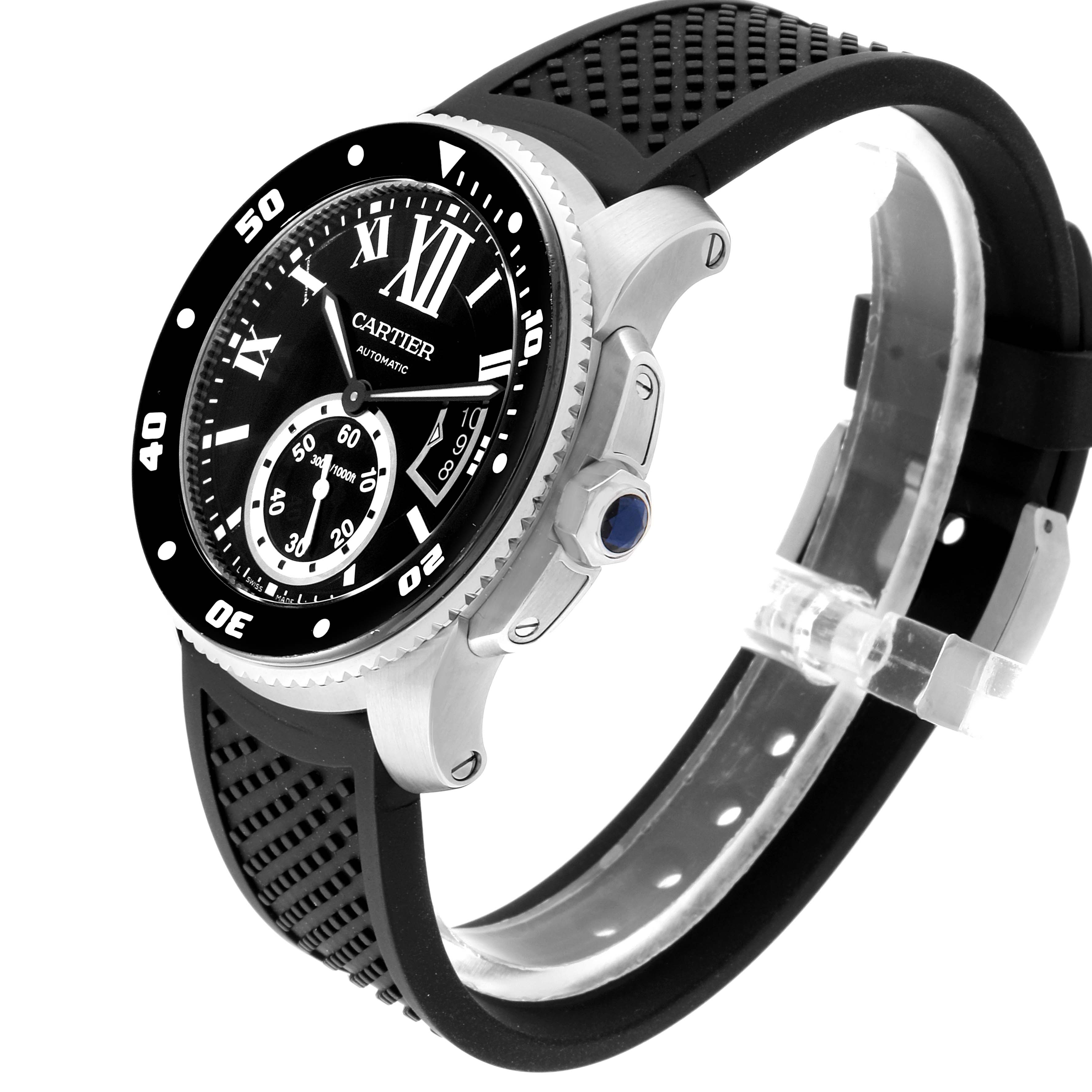 The image shows a side and angled view of the Calibre de Cartier watch by Cartier, highlighting the face, bezel, and strap.