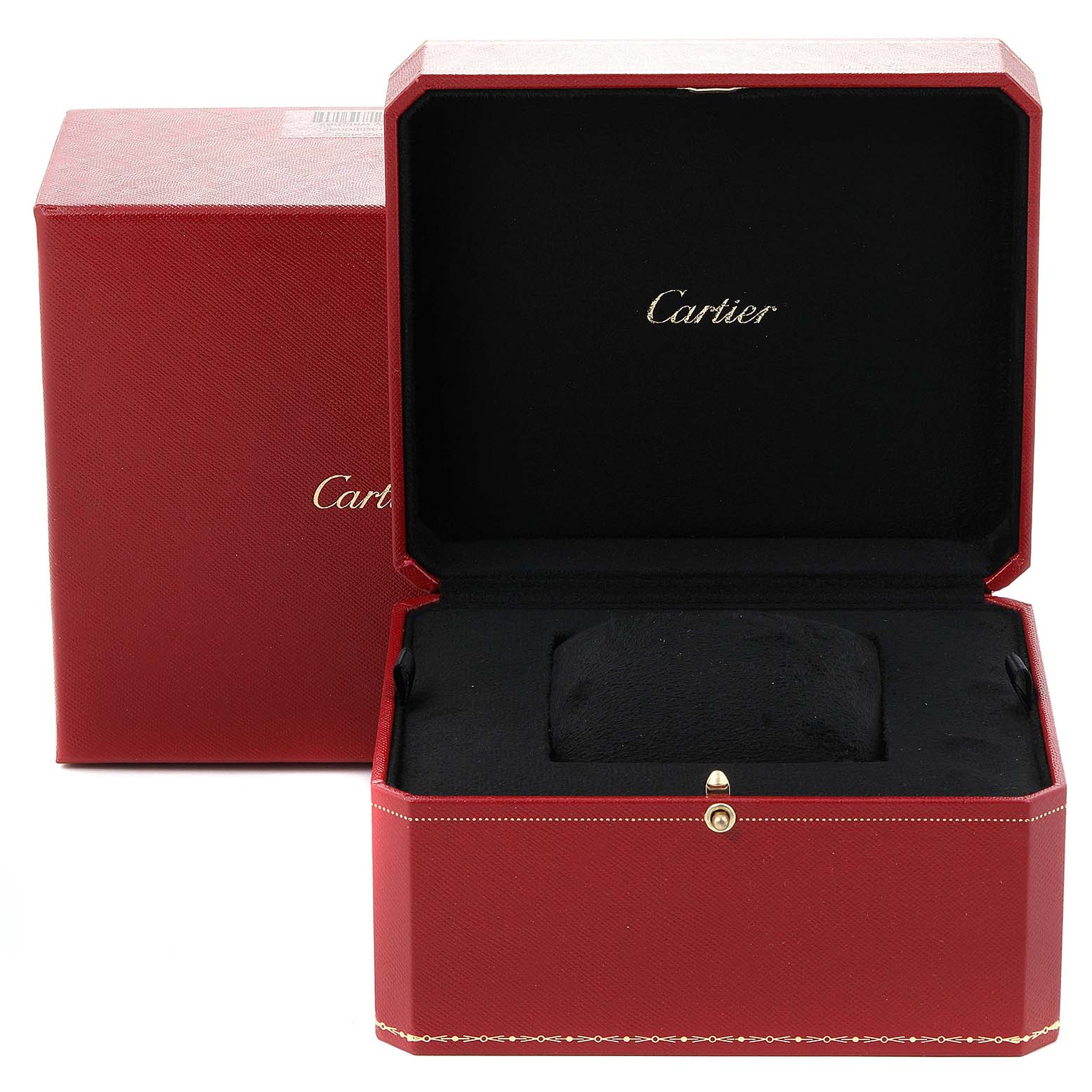 The image shows a red Cartier box for the Calibre de Cartier model, open to reveal the black interior and pillow.