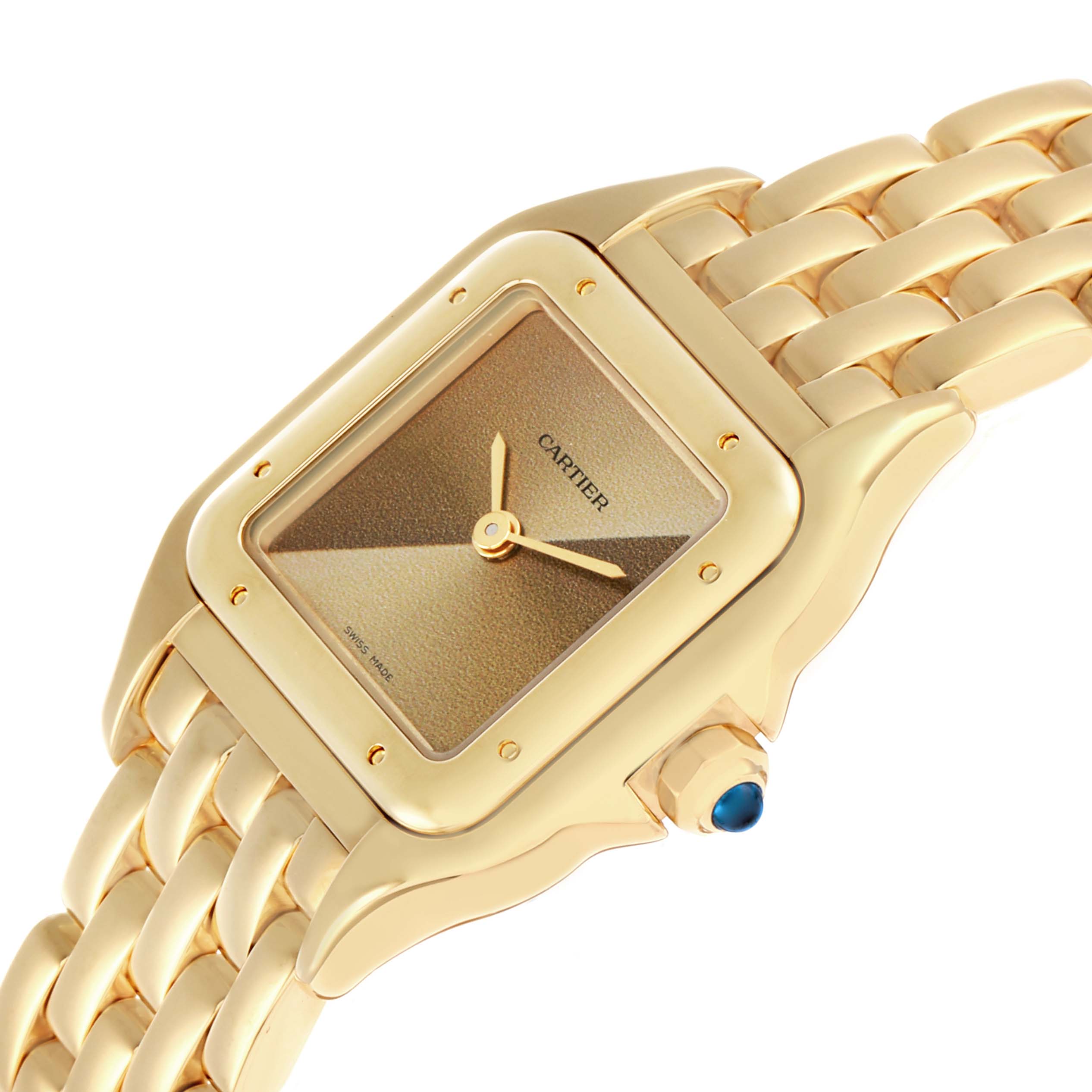The Cartier Panthere WGPN0031 Men
s Yellow Gold Yellow Dial watch is shown at a slight angle, highlighting the gold case, gradient dial, bracelet, and blue cabochon crown.