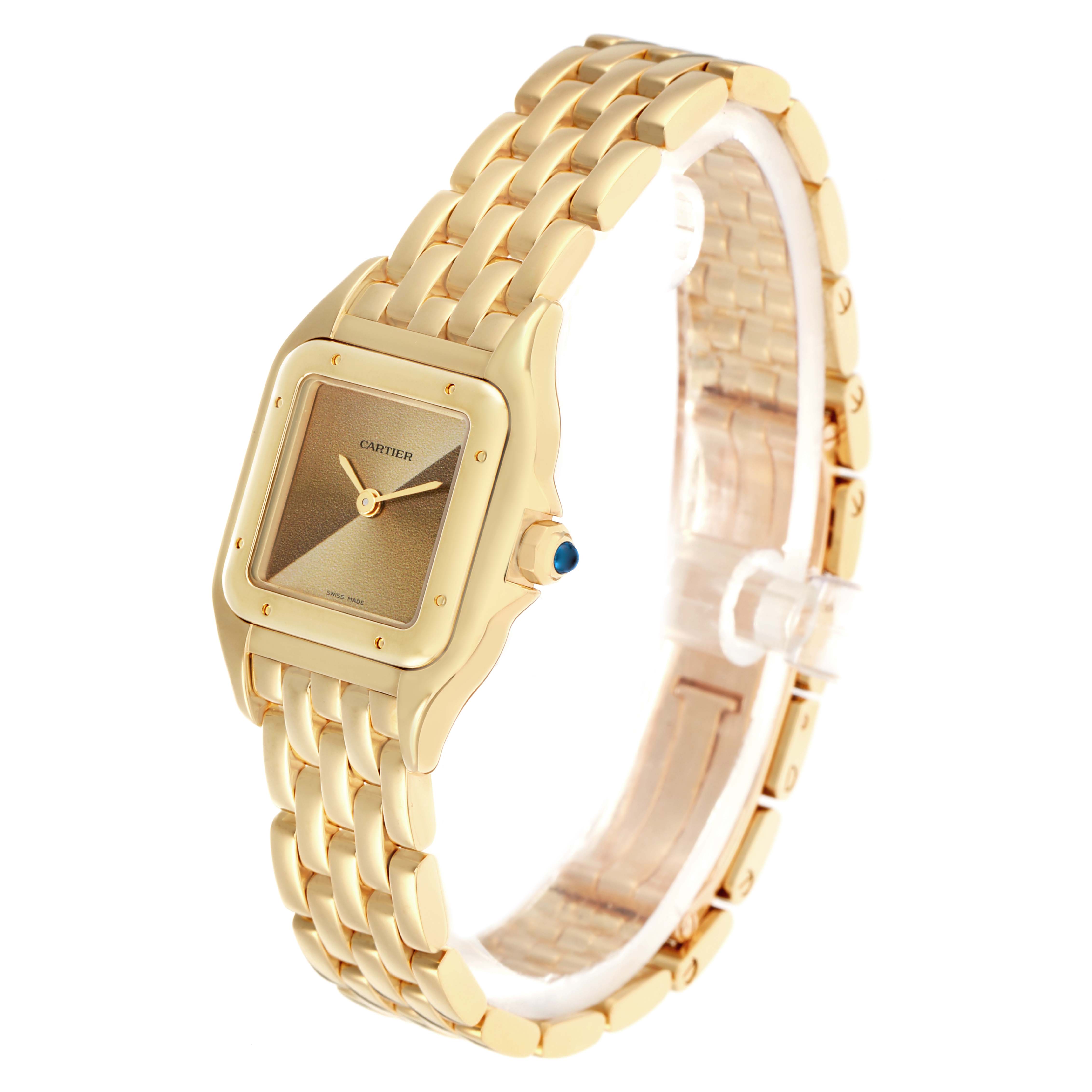 The Cartier Panthère watch is shown at a three-quarter angle, displaying its face, bezel, bracelet, and crown.