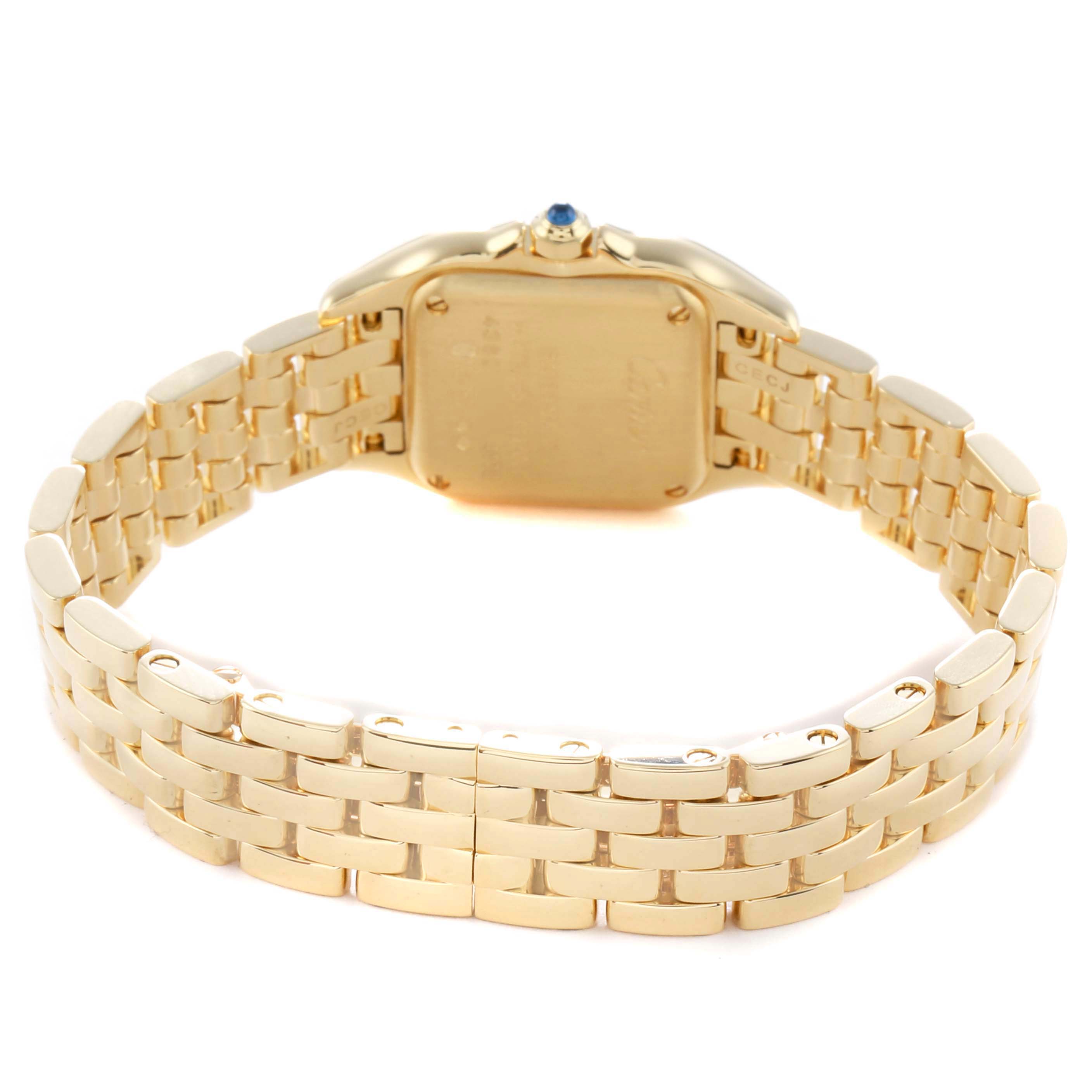 The image shows the back of the Cartier Panthere WGPN0031 Men
s Yellow Gold Yellow Dial watch, displaying its case and gold bracelet.