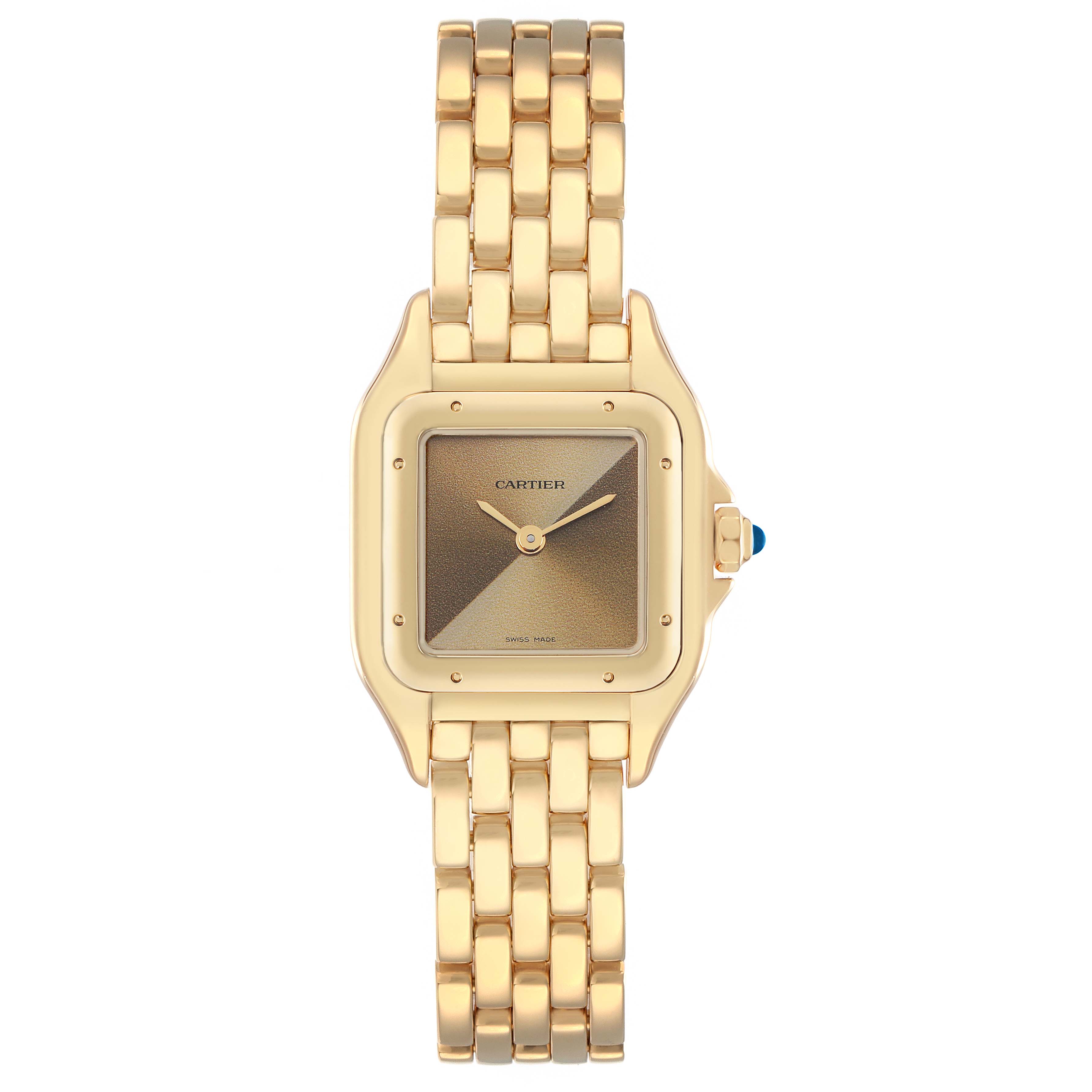 The Cartier Panthere WGPN0031 Men
s Yellow Gold Yellow Dial watch is shown from a top-down angle, displaying its gold-toned case, bracelet, and dial.