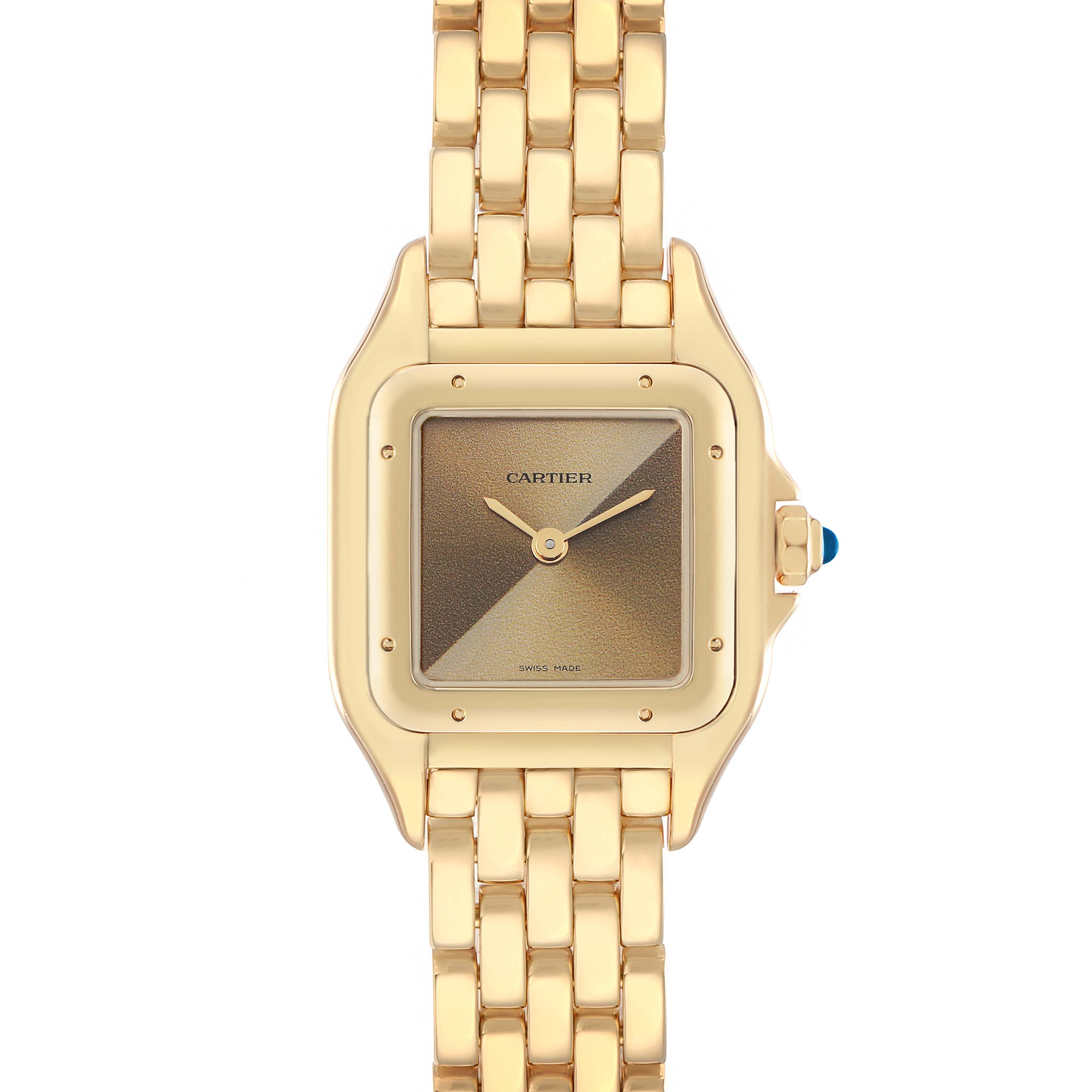 The image shows a front view of the Cartier Panthere WGPN0031 Men
s Yellow Gold Yellow Dial watch, displaying its dial, case, and bracelet.