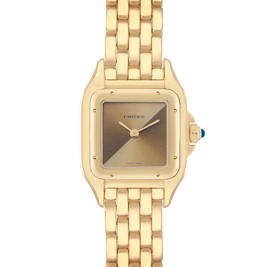 The image shows a front view of the Cartier Panthere WGPN0031 Men's Yellow Gold Yellow Dial watch, displaying its dial, case, and bracelet.