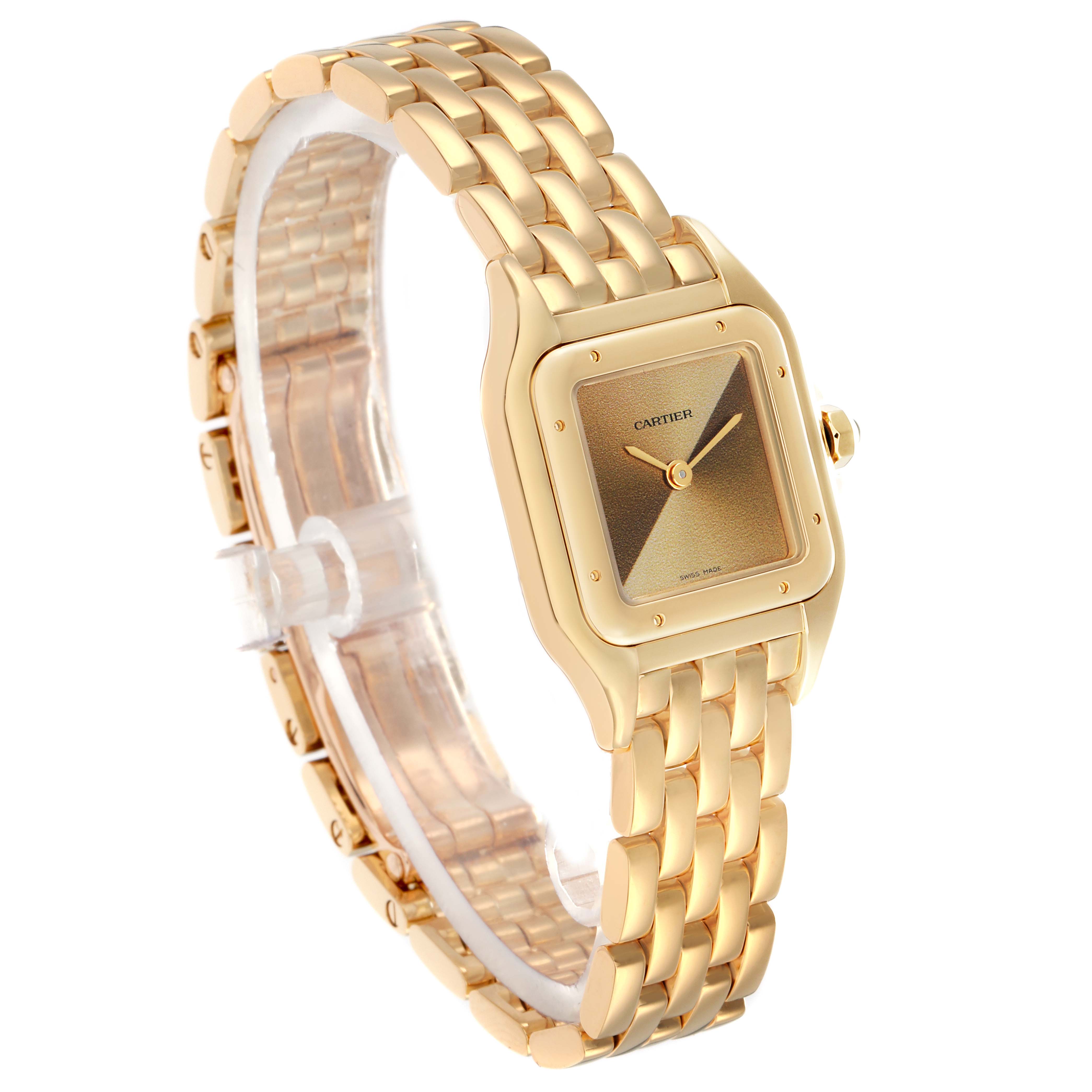 The Panthere de Cartier watch is shown at an angled side view, highlighting the gold bracelet and square face.