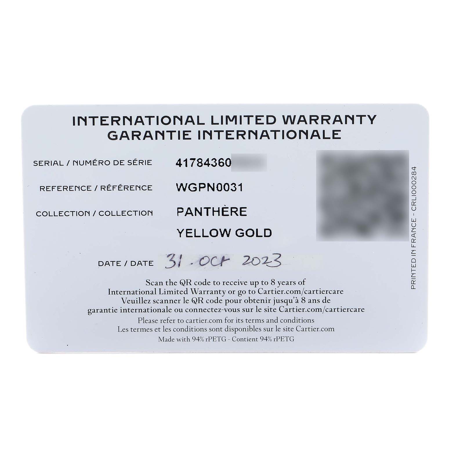 The image shows an international limited warranty card for a Cartier Panthère watch, indicating its serial number and date.