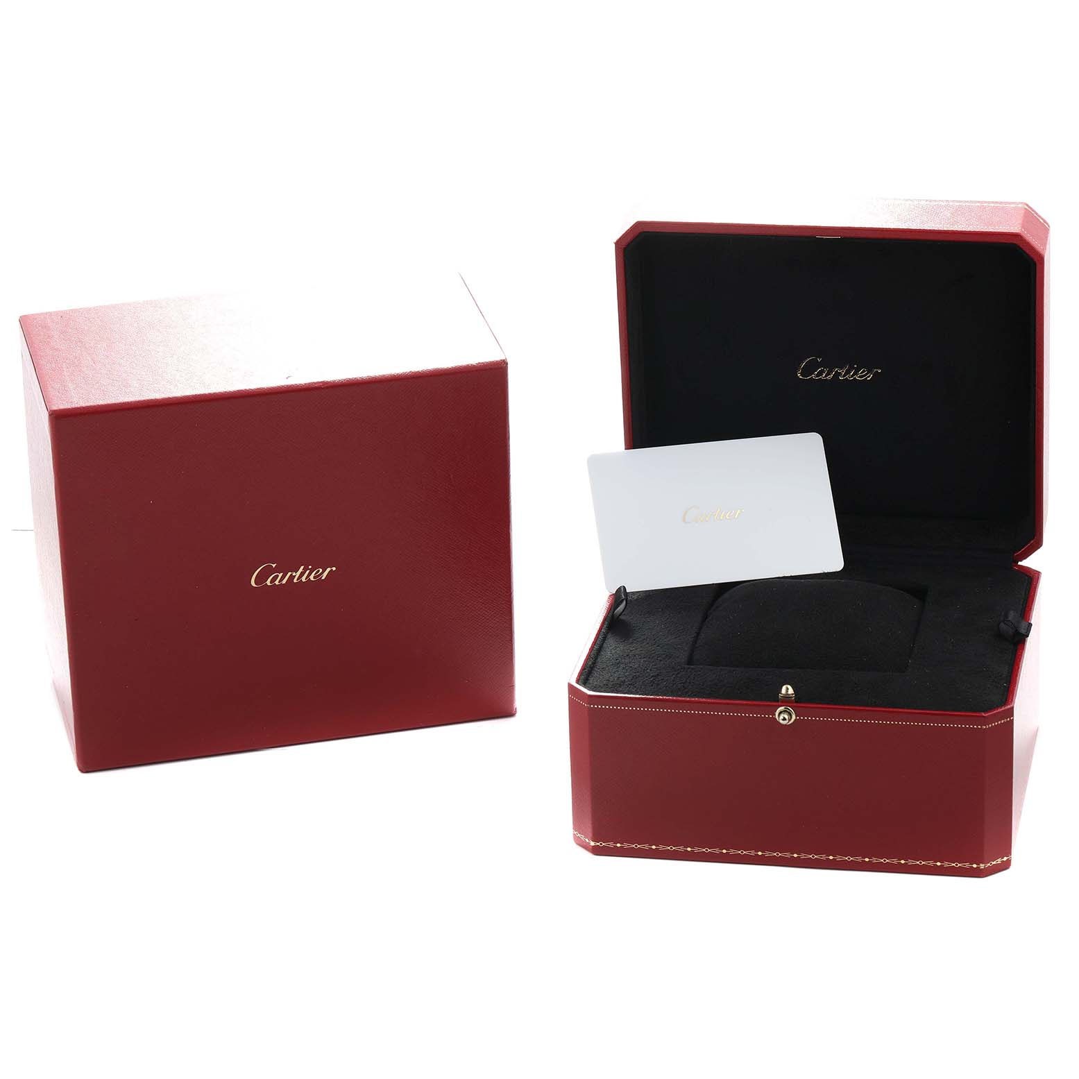 The image shows a Cartier Panthère model watch box set, including a red box, an open case, and an information card.