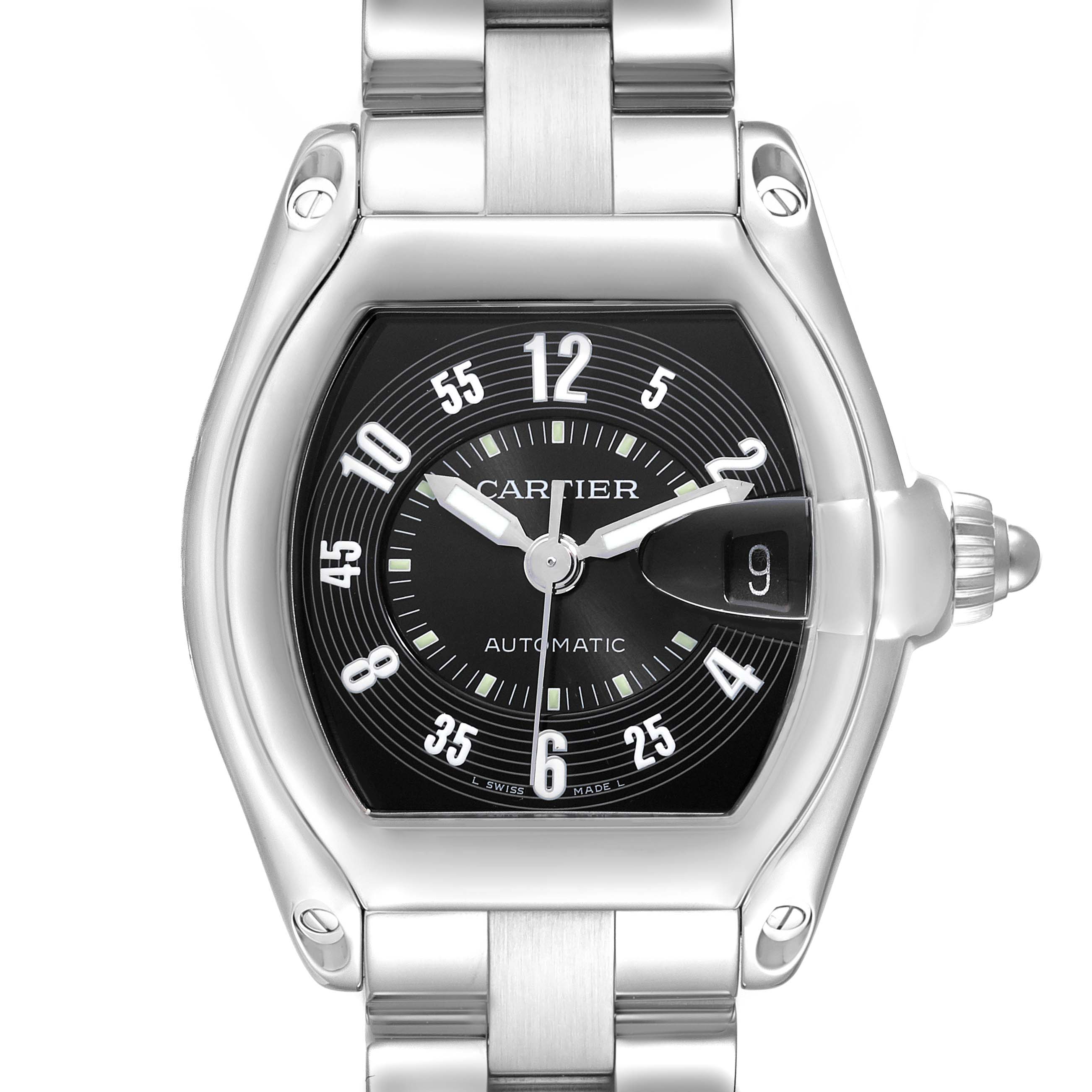 The Cartier Roadster W62004V3 Men
s Stainless Steel Black Dial watch is shown from a front angle, highlighting the dial, bezel, and part of the bracelet.