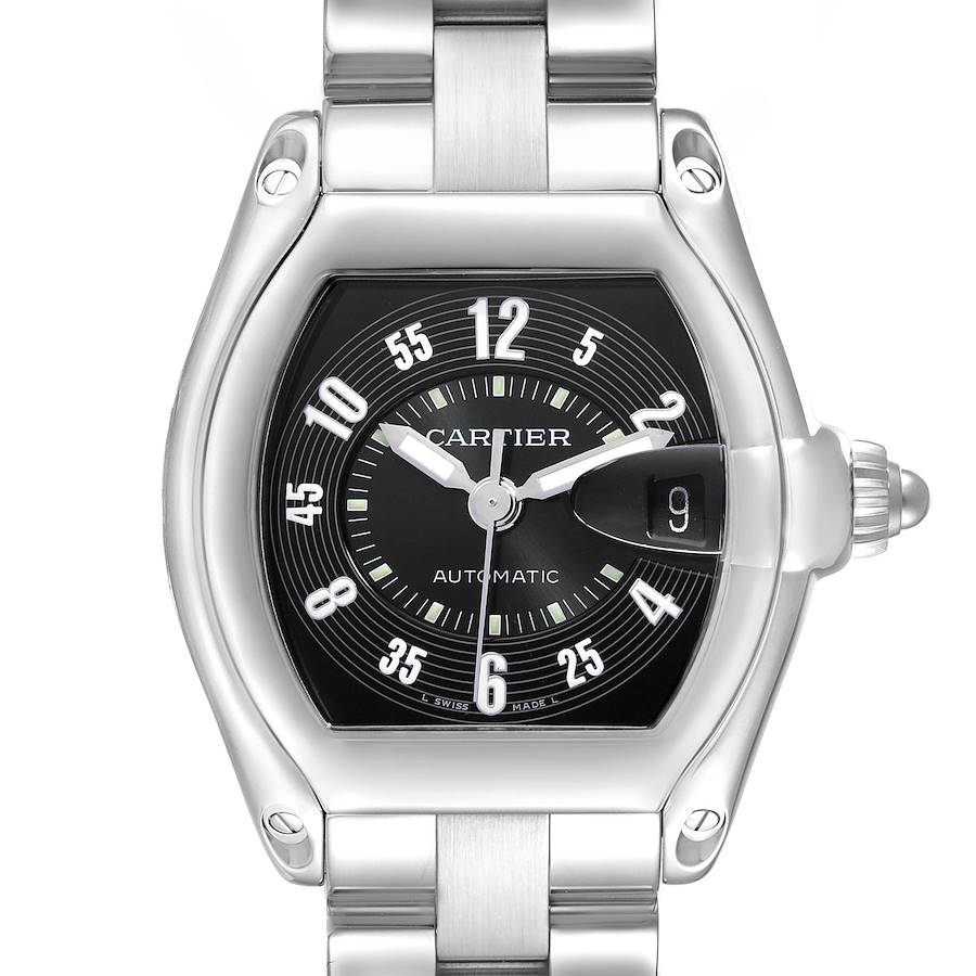 The Cartier Roadster W62004V3 Men's Stainless Steel Black Dial watch is shown from a front angle, highlighting the dial, bezel, and part of the bracelet.