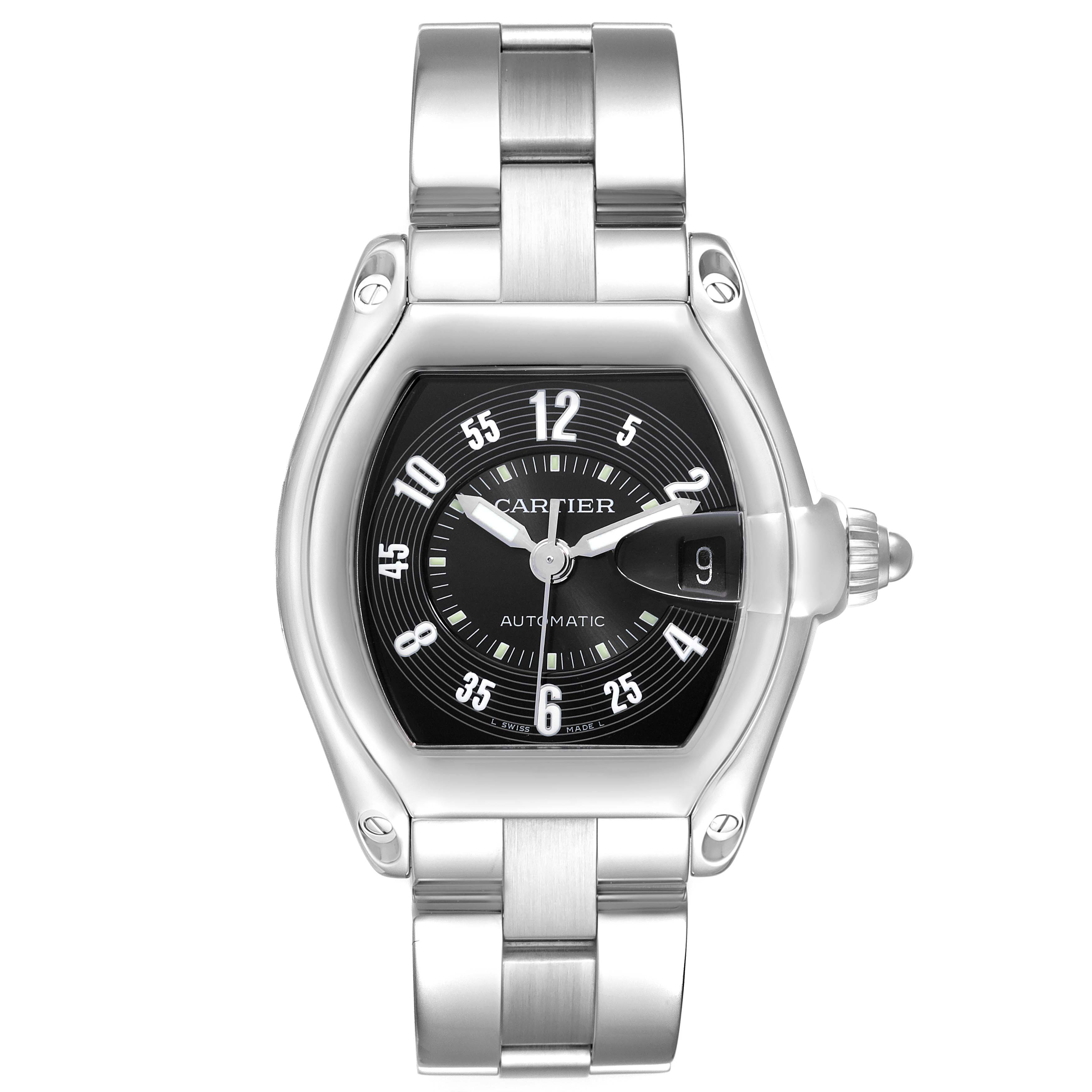 The Cartier Roadster W62004V3 Men
s Stainless Steel Black Dial watch is shown from the front, featuring the dial, date, and part of the bracelet.