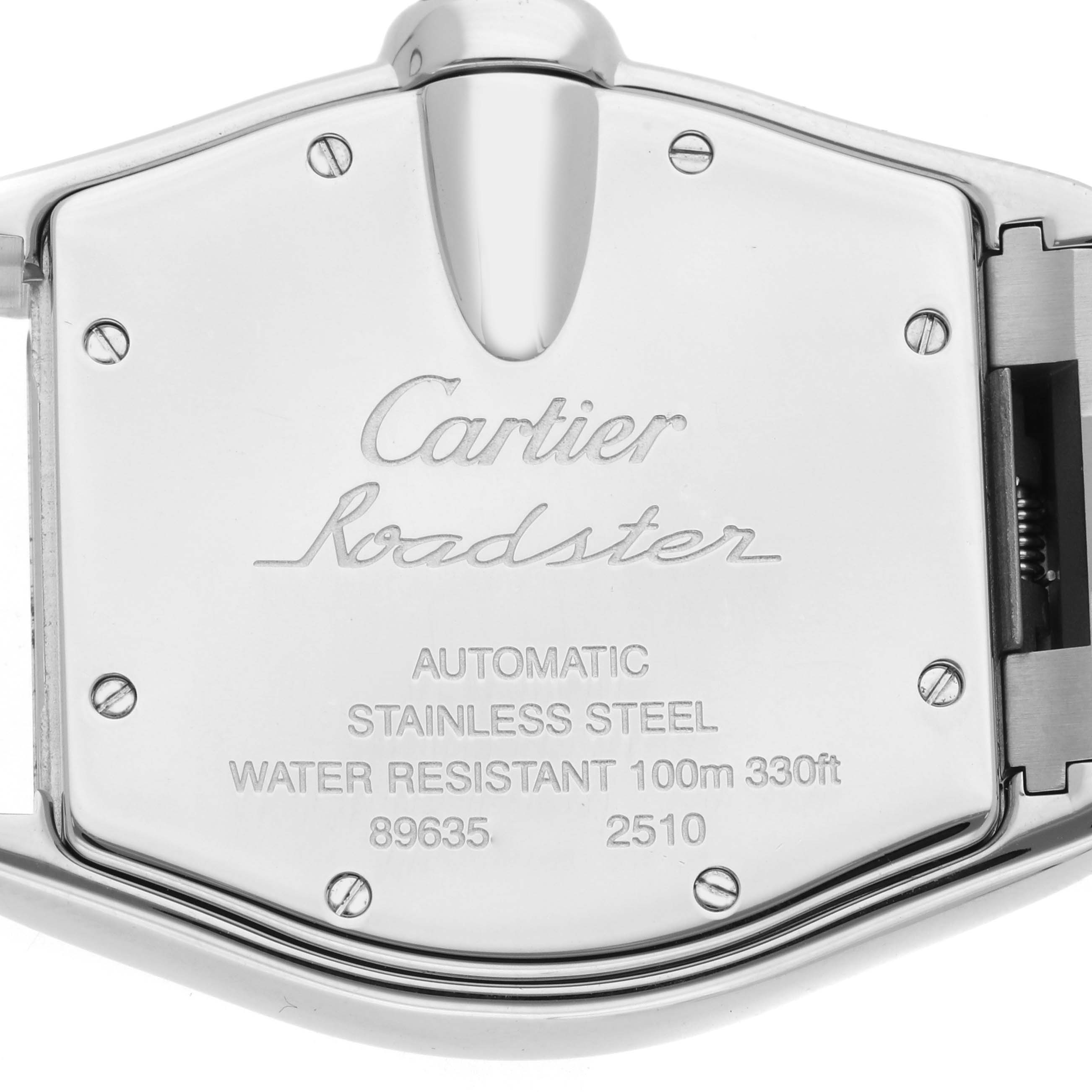 The image shows the back case of a Cartier Roadster W62004V3 Men
s Stainless Steel Black Dial watch, highlighting its stainless steel design and engraved details.