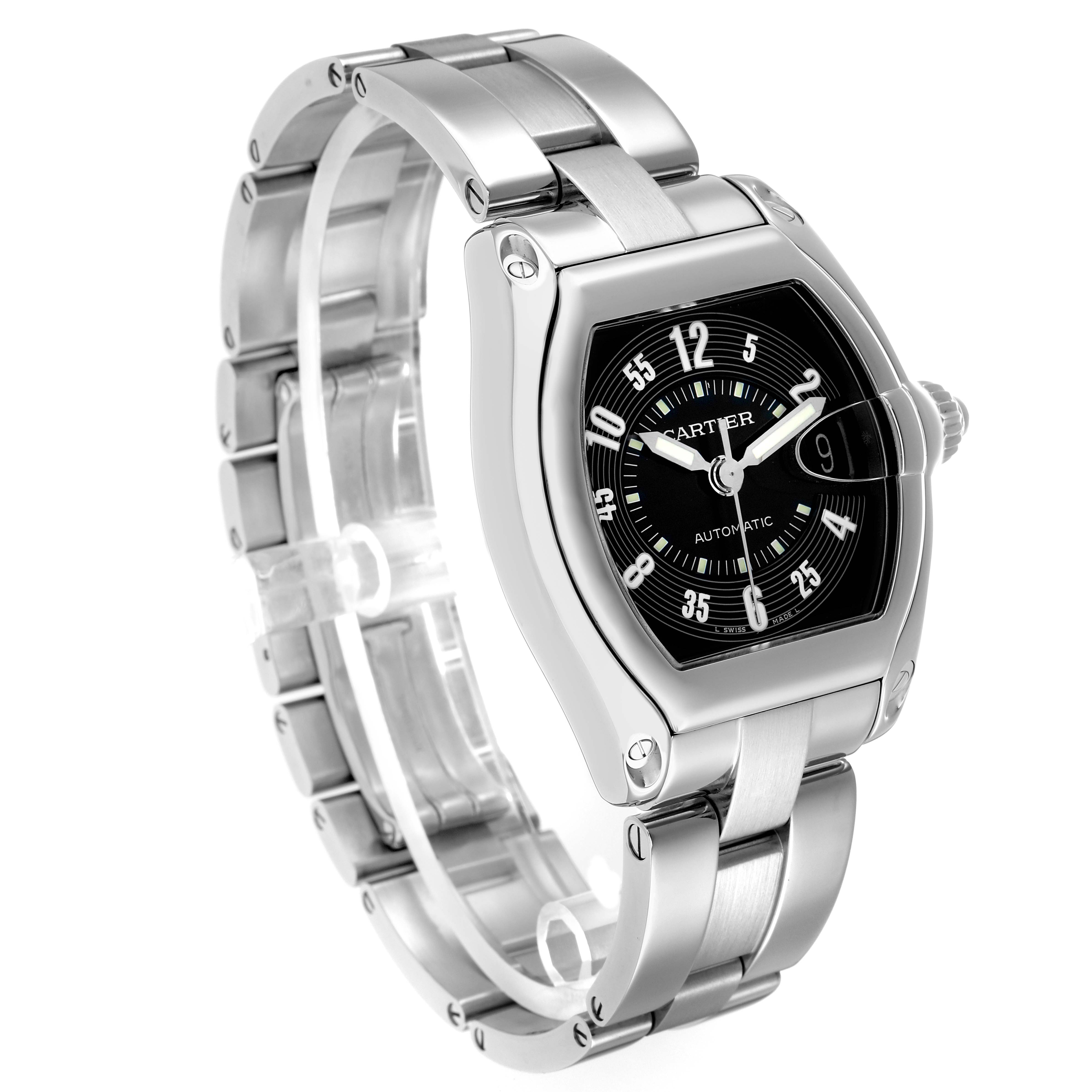 The Cartier Roadster W62004V3 Men
s Stainless Steel Black Dial watch is shown at a three-quarter angle, highlighting its bracelet, dial, and case with a visible crown.