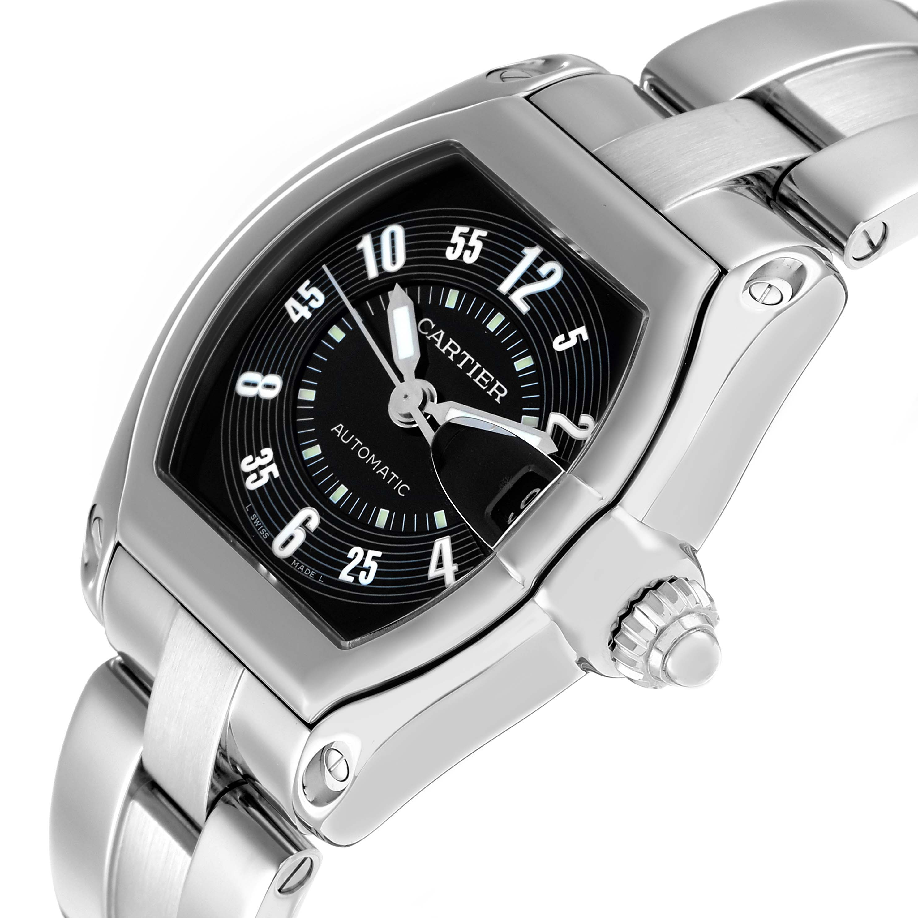 The Cartier Roadster W62004V3 Men
s Stainless Steel Black Dial watch is shown at an angled view, displaying the face, crown, and part of the bracelet.