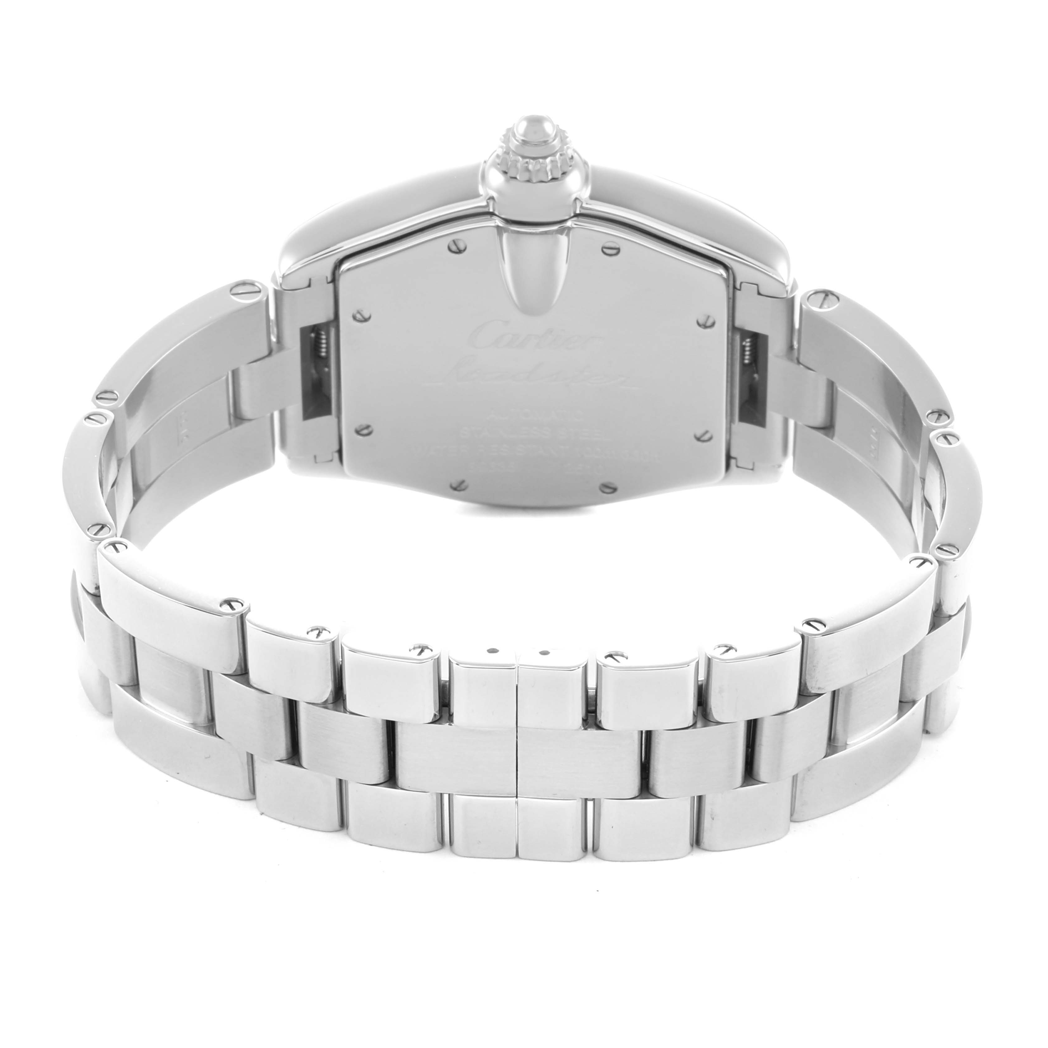 The image shows the back view of a Cartier Roadster W62004V3 Men
s Stainless Steel Black Dial watch, highlighting the stainless steel bracelet and clasp.