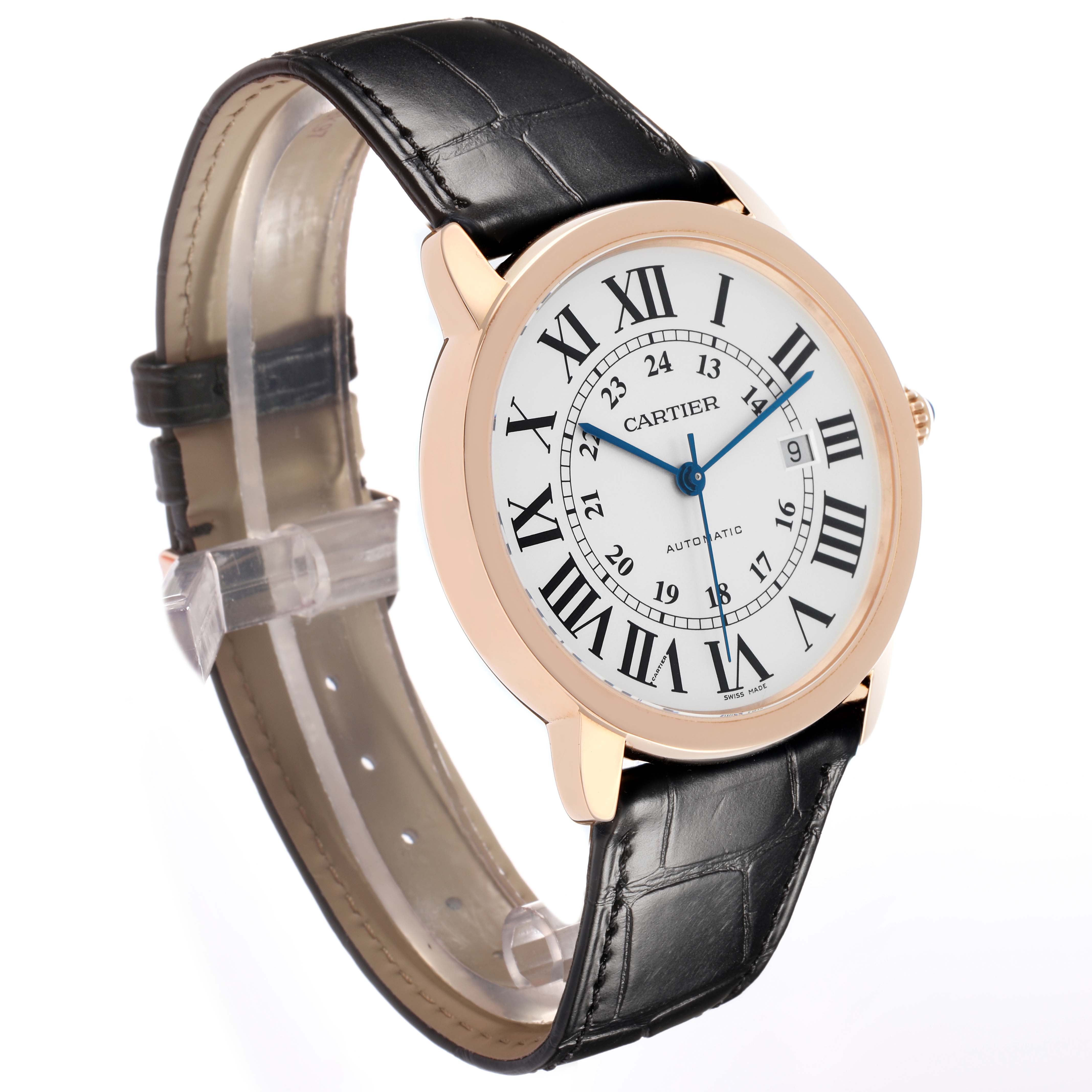 The Cartier Ronde W6701009 Men
s Steel and Gold (two tone) Silver Dial watch is shown at a three-quarter angle, highlighting its round face, Roman numerals, and leather strap.