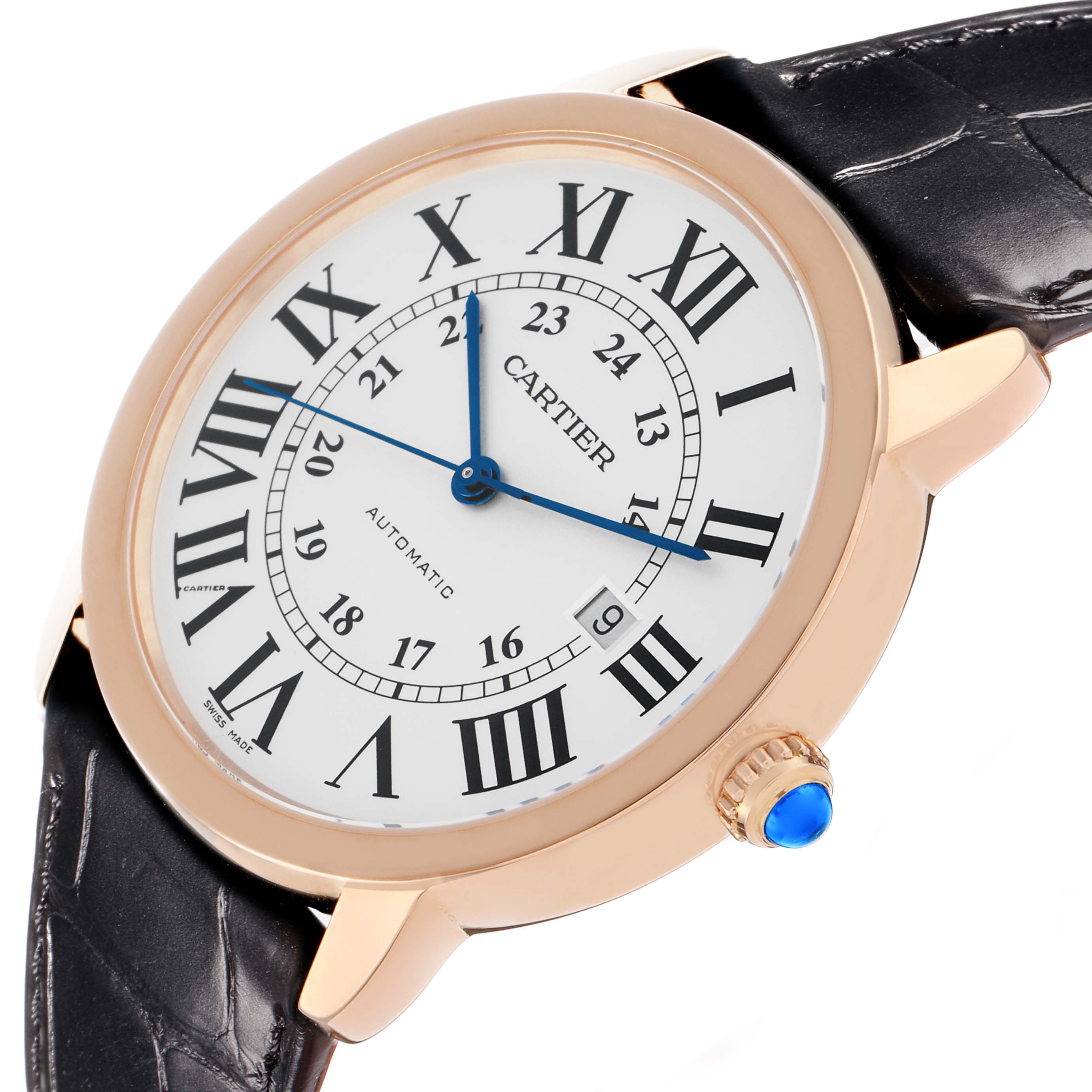 The Cartier Ronde W6701009 Men
s Steel and Gold (two tone) Silver Dial watch is shown at a slight angle, displaying its face, Roman numerals, blue hands, and distinctive crown.