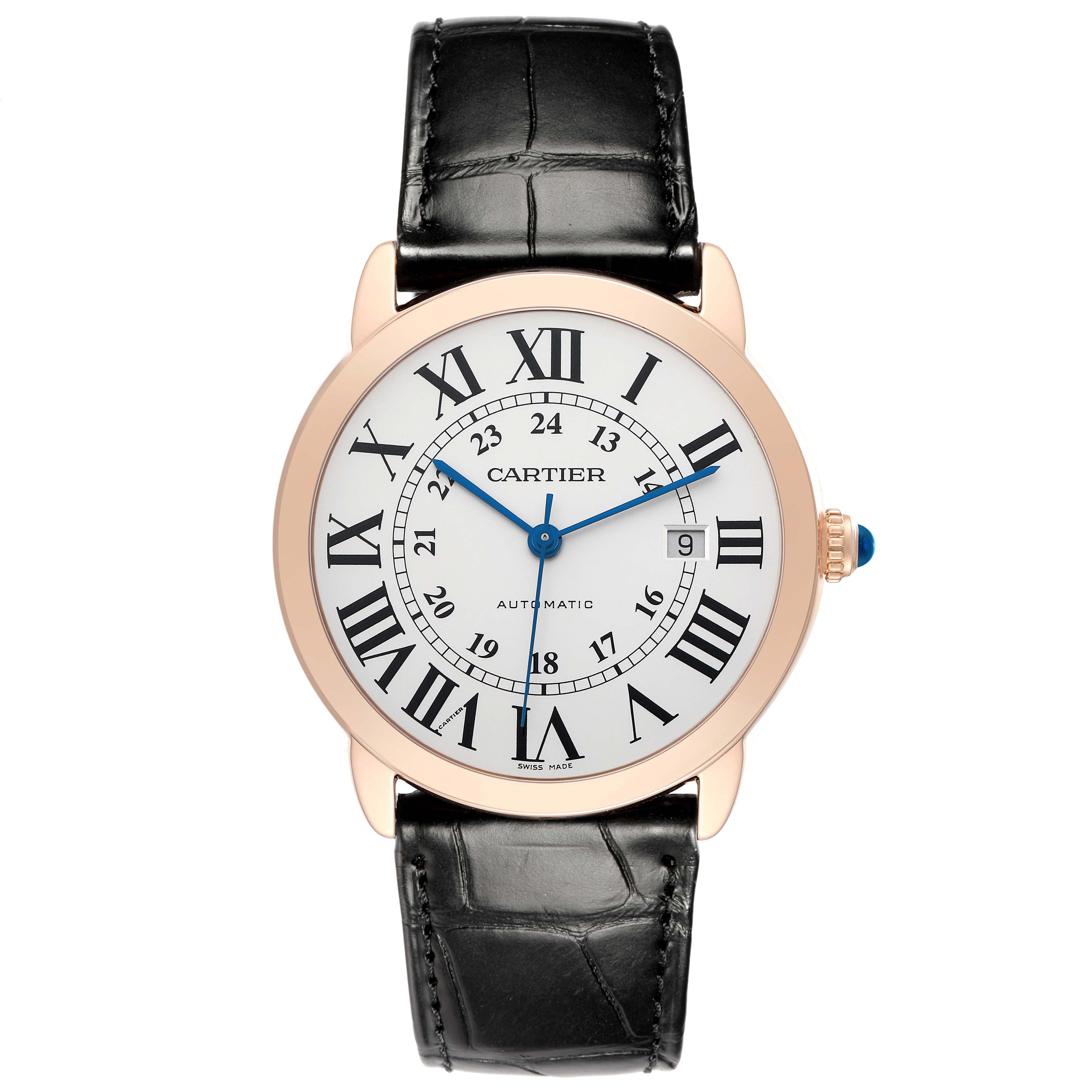 The Cartier Ronde W6701009 Men
s Steel and Gold (two tone) Silver Dial watch is shown from a front angle, featuring the dial, bezel, strap, and crown.