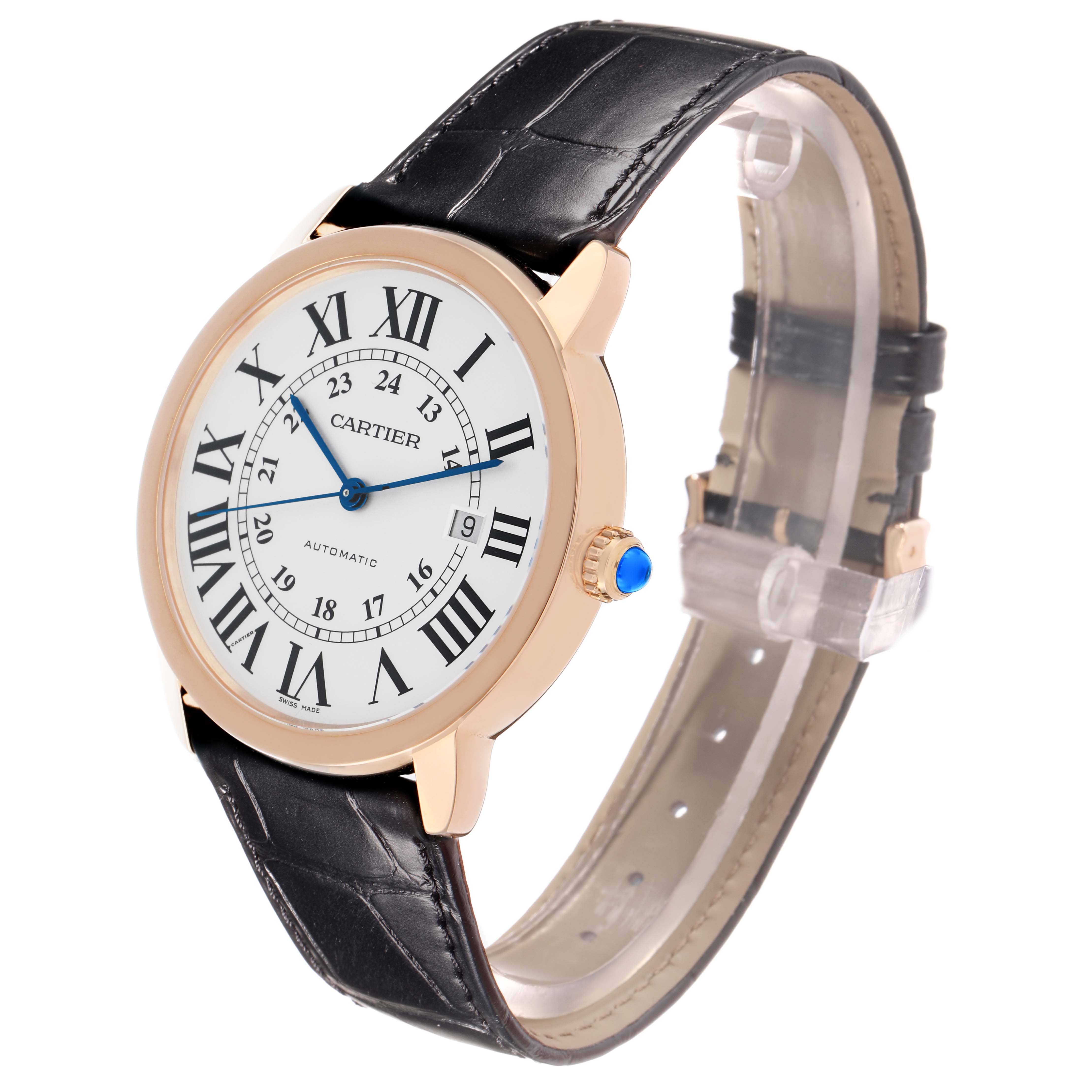 The Cartier Ronde W6701009 Men
s Steel and Gold (two tone) Silver Dial watch is shown at a three-quarter angle, highlighting the face, strap, and crown.