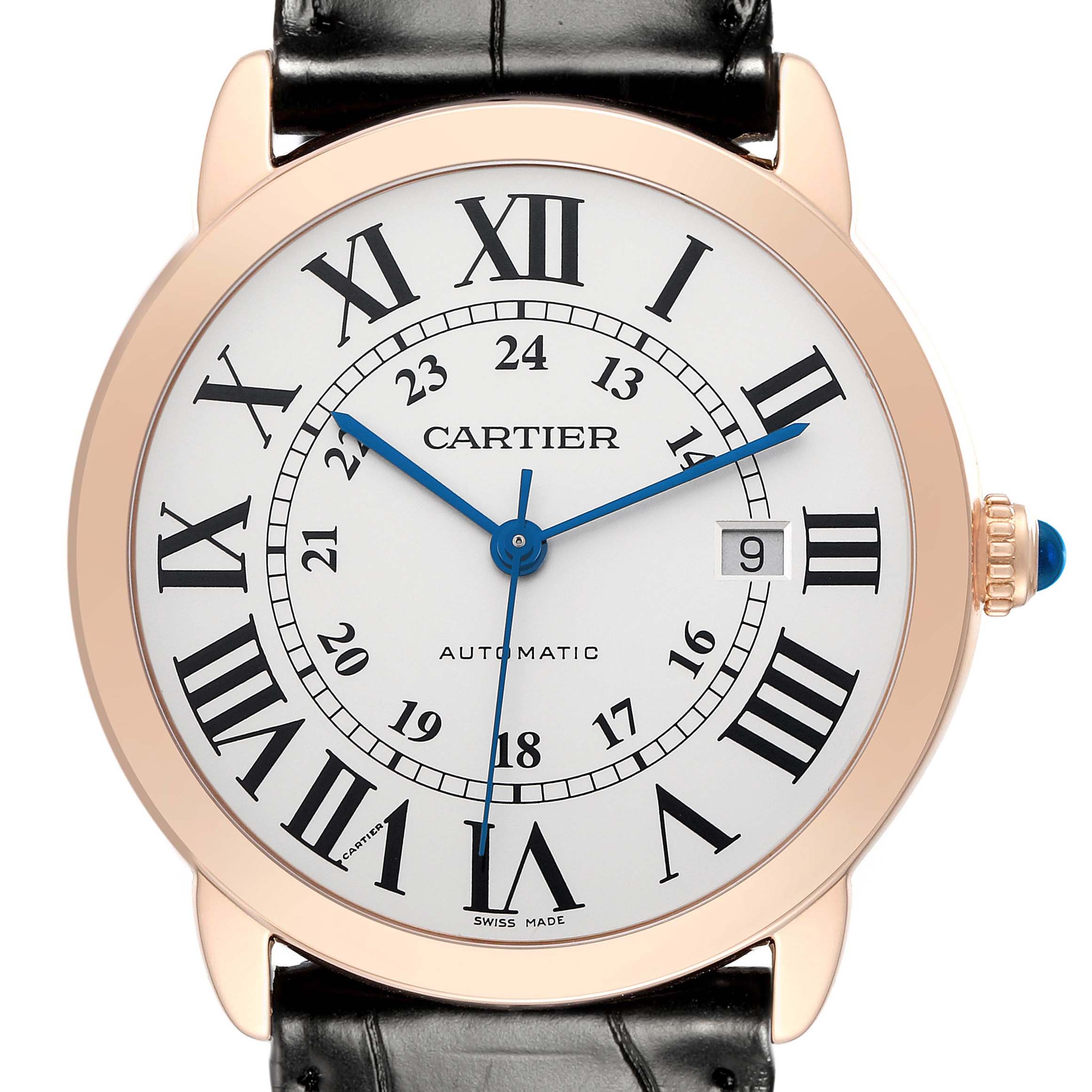 The Cartier Ronde W6701009 Men
s Steel and Gold (two tone) Silver Dial watch is shown from the front, displaying its face, Roman numerals, hands, date window, and crown.