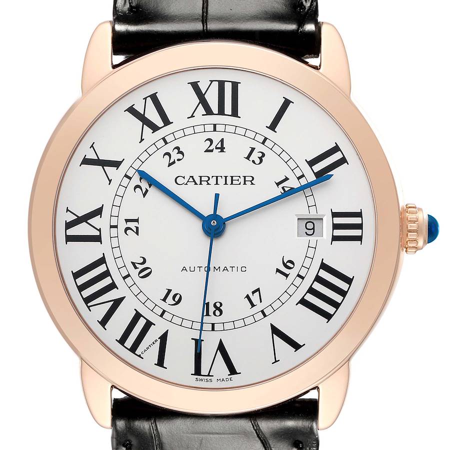 The Cartier Ronde W6701009 Men's Steel and Gold (two tone) Silver Dial watch is shown from the front, displaying its face, Roman numerals, hands, date window, and crown.