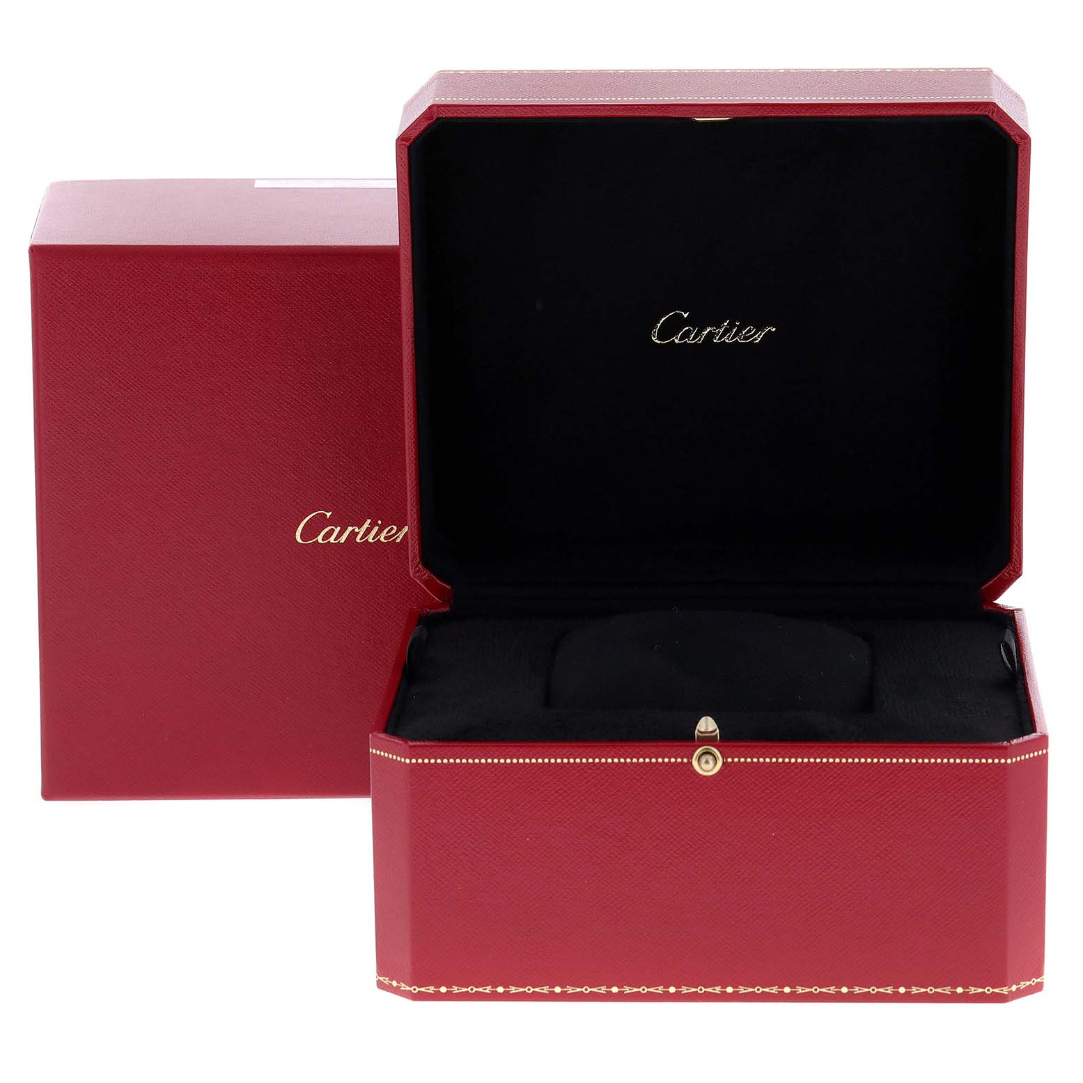 This image shows the open case for the Santos model by Cartier, with interior and exterior packaging visible.