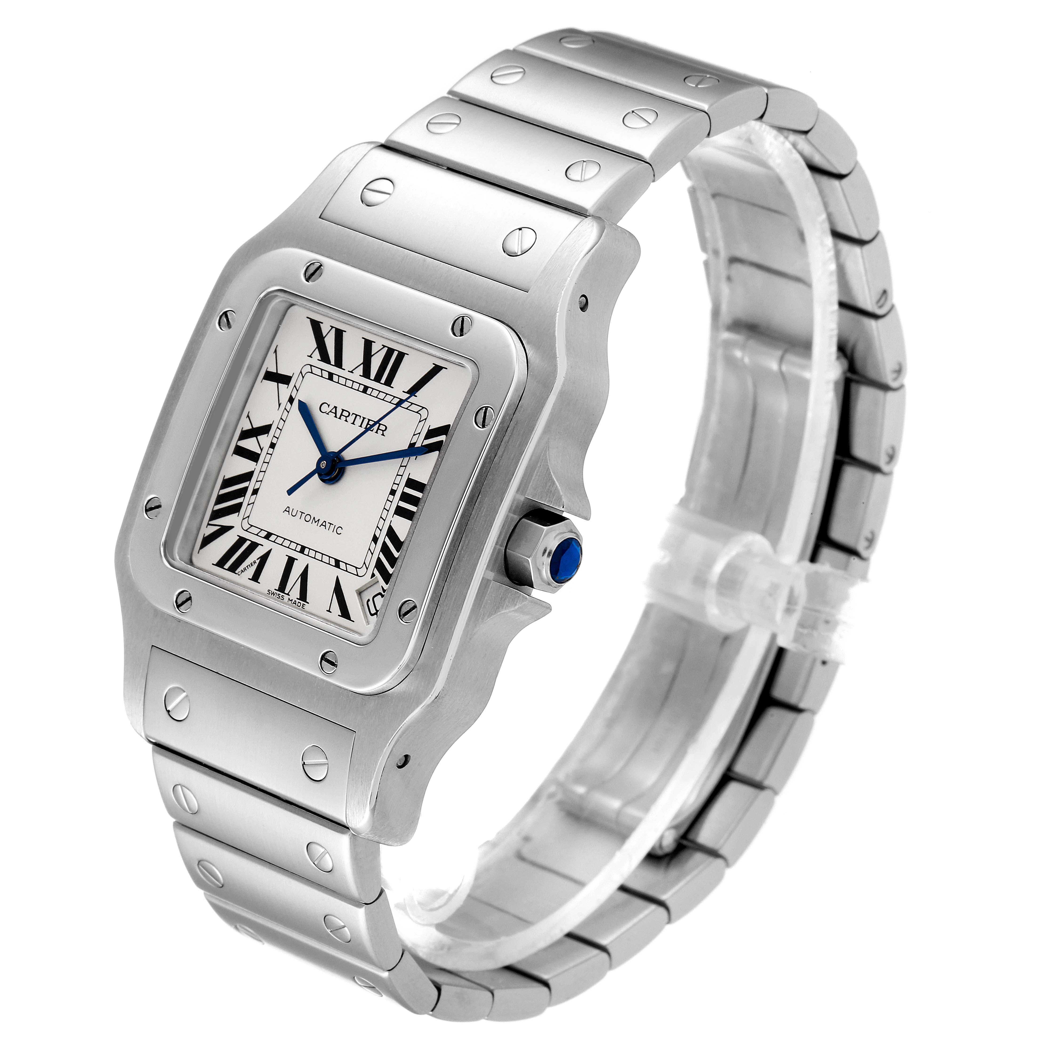 The Cartier Santos W20098D6 Men's Stainless Steel Silver Dial W20098D6 Men's Stainless Steel Silver Dial watch is shown from a front angle, displaying its square face, silver-tone bracelet, and signature blue crown.