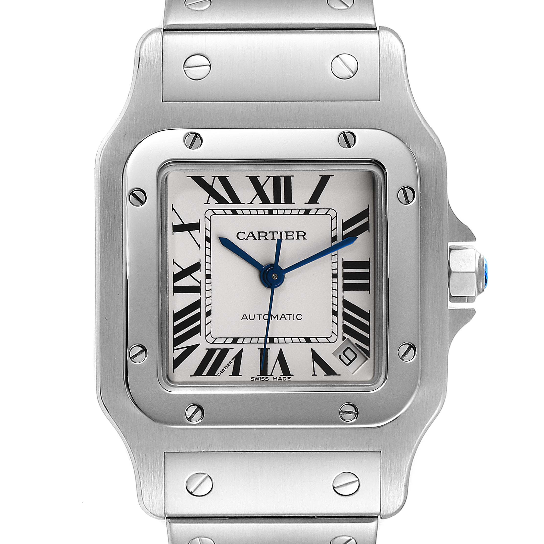 The image shows a frontal view of the Santos model by Cartier, showcasing the face, bezel, and part of the bracelet.
