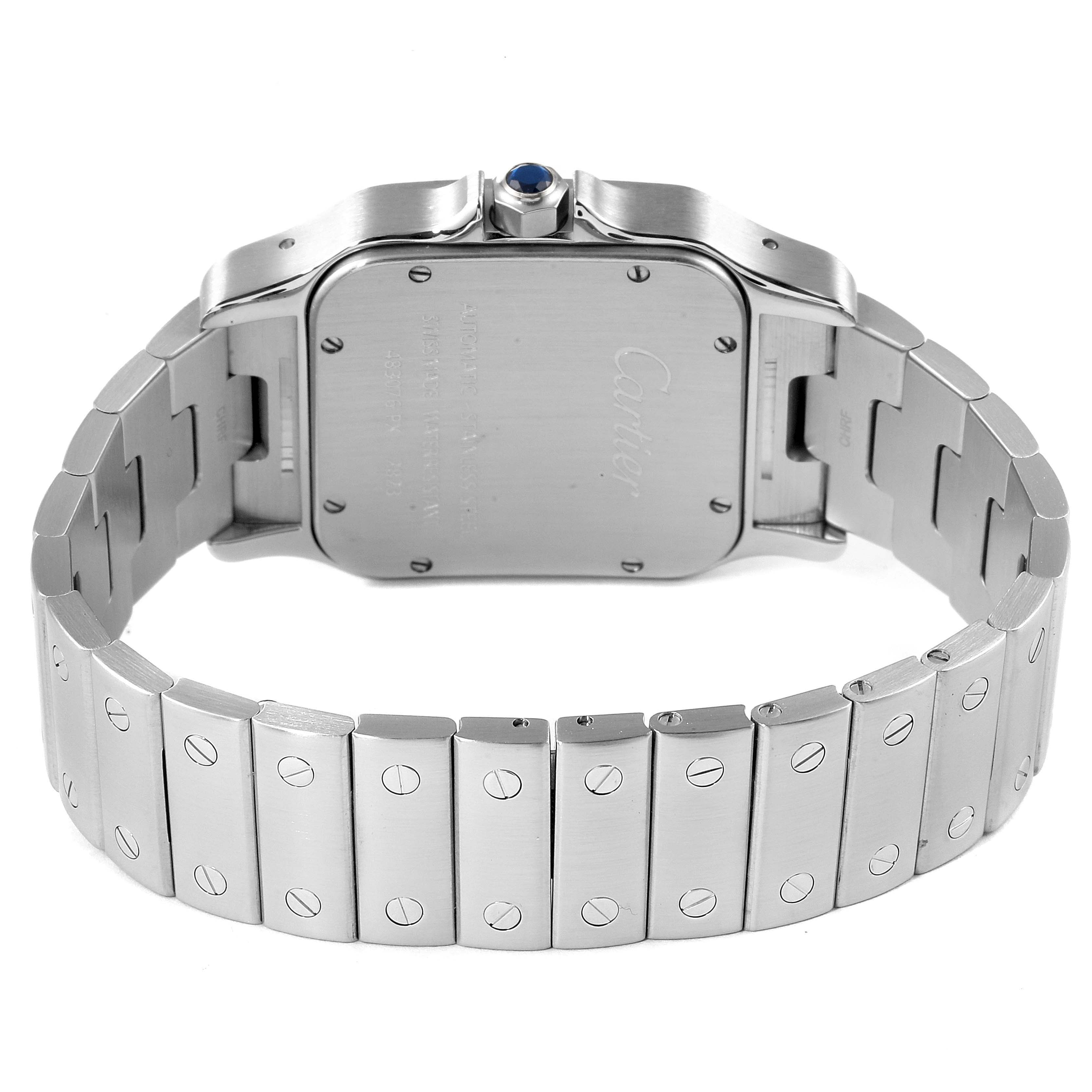 This image shows the back view and bracelet of a Santos model watch by Cartier.