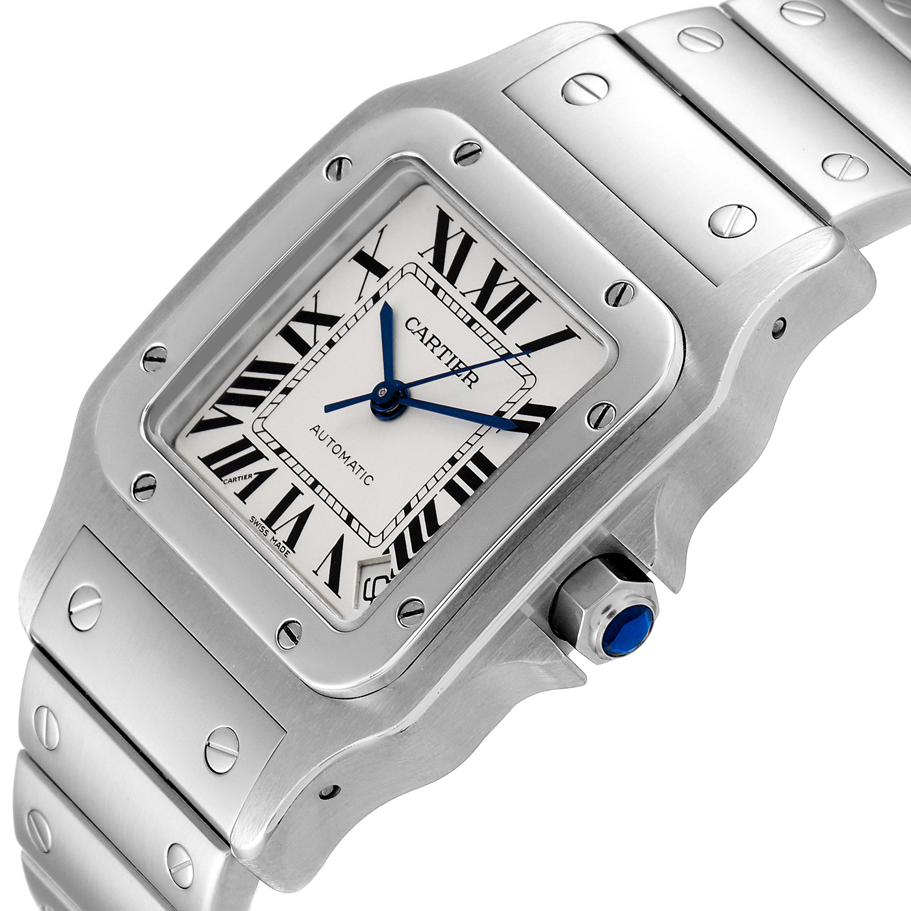 The image shows a close-up angle of a Cartier Santos W20098D6 Men's Stainless Steel Silver Dial W20098D6 Men's Stainless Steel Silver Dial watch, highlighting its face, bezel, and part of the bracelet.