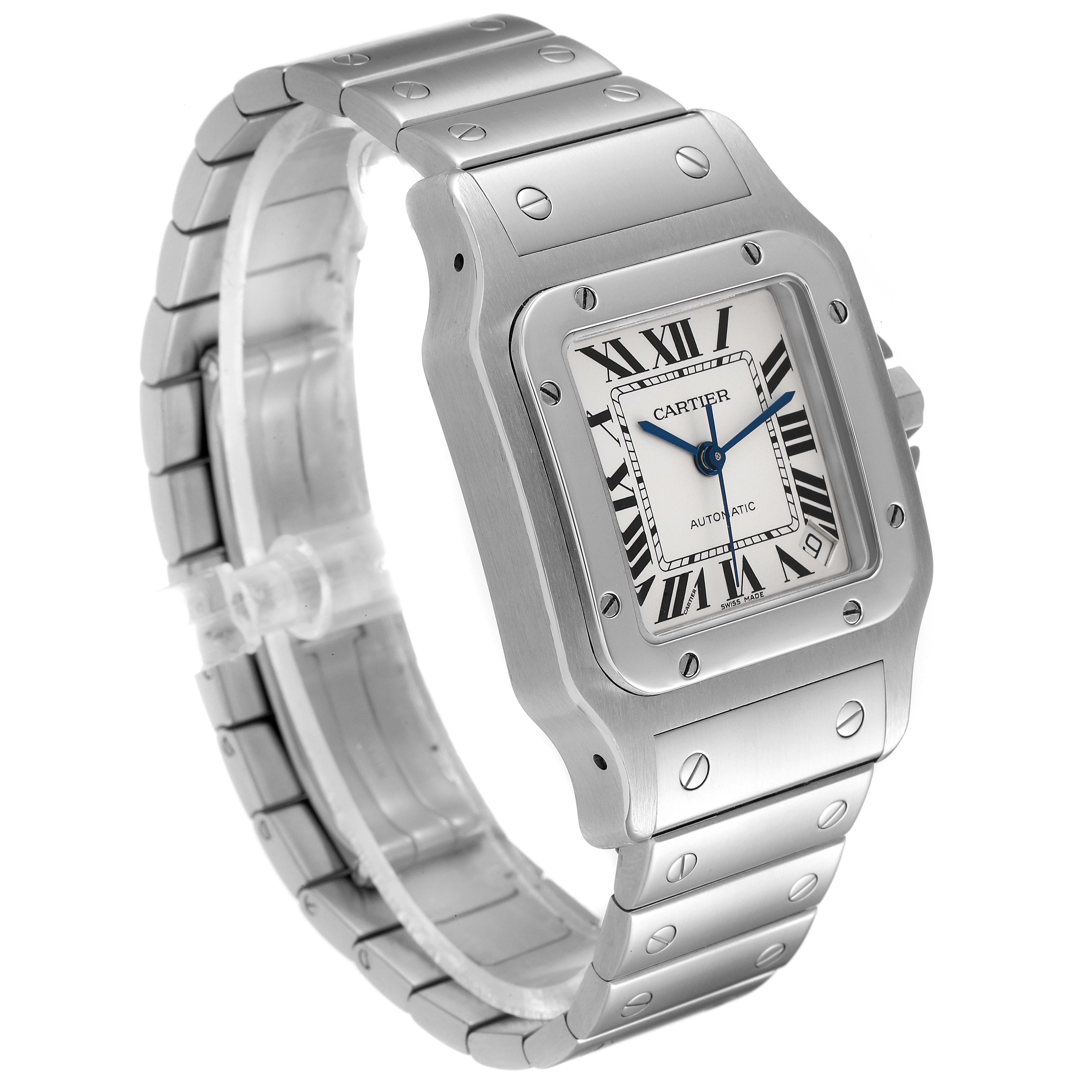 The Cartier Santos W20098D6 Men's Stainless Steel Silver Dial W20098D6 Men's Stainless Steel Silver Dial watch is shown at an angled side view, displaying the face, bezel, bracelet, and crown.