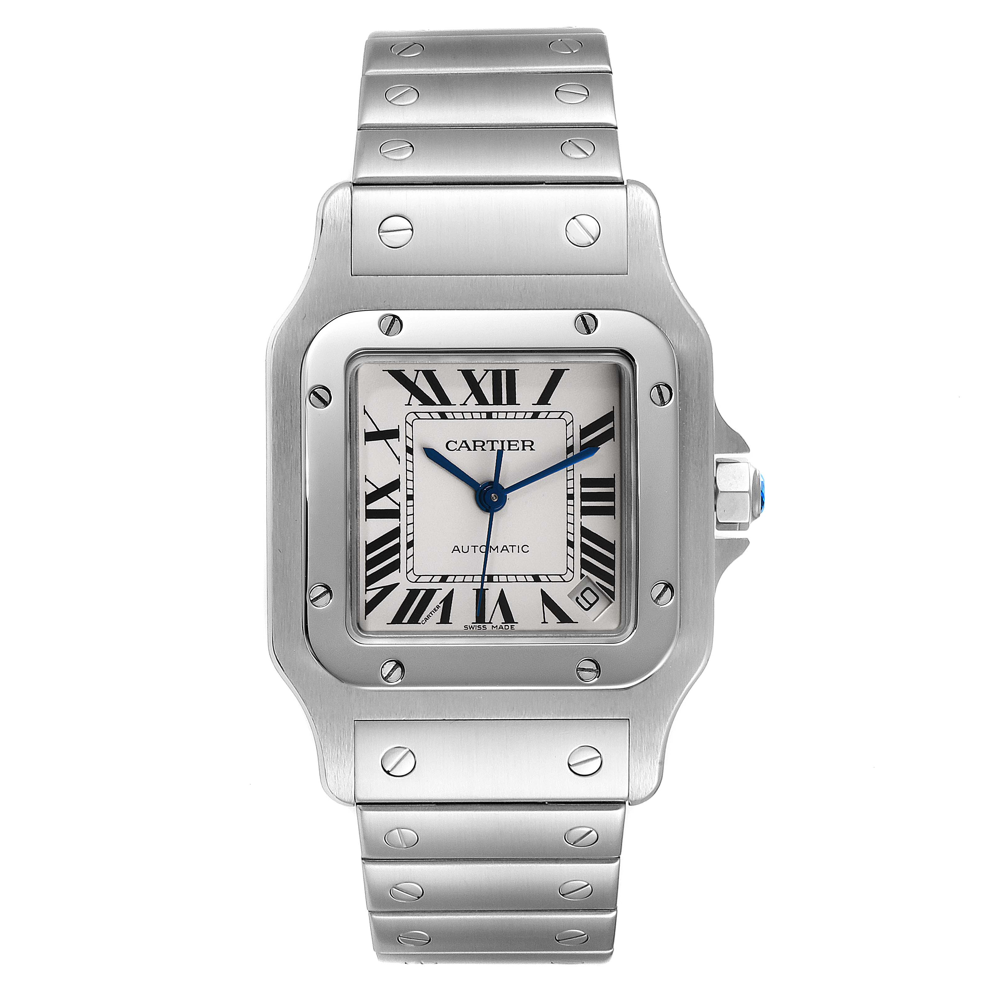 The image shows a front view of a Cartier Santos W20098D6 Men's Stainless Steel Silver Dial W20098D6 Men's Stainless Steel Silver Dial watch, highlighting its square face, Roman numerals, and stainless steel bracelet.
