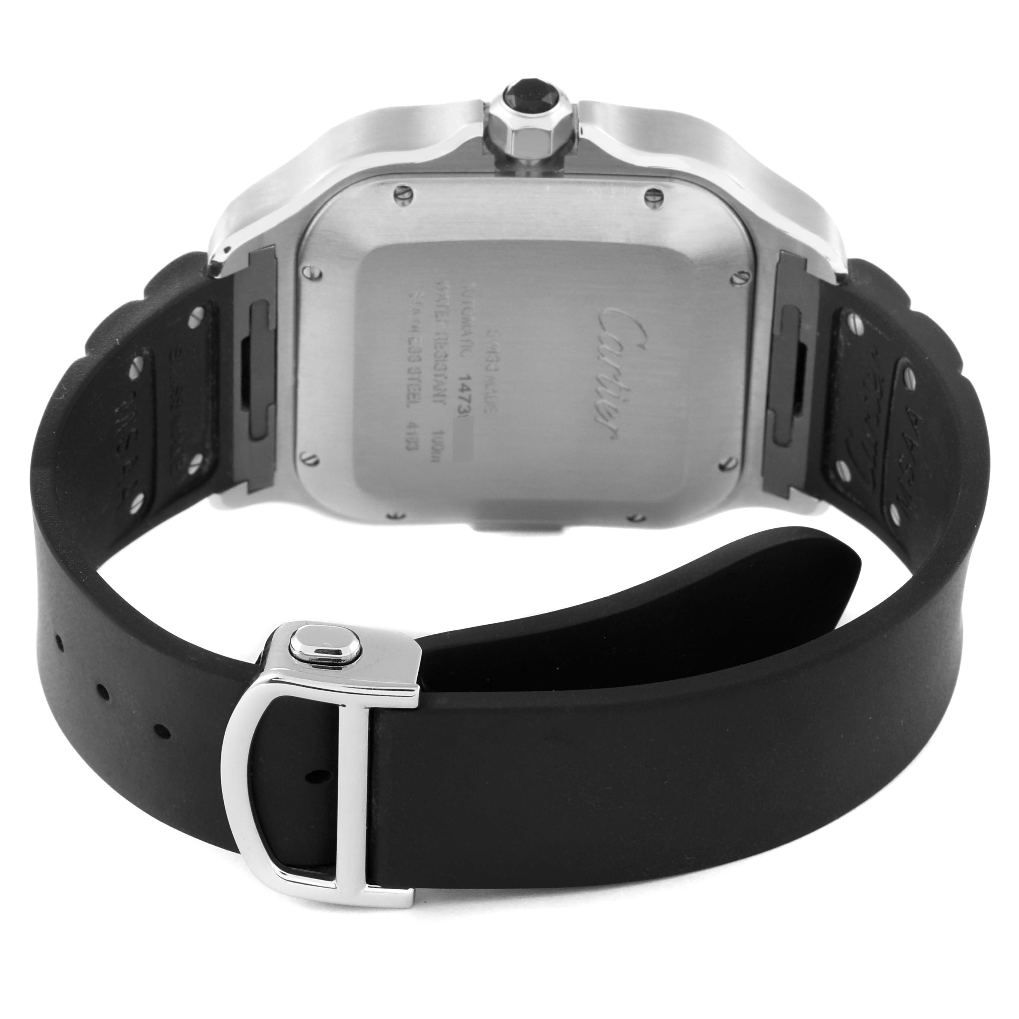 The image shows the back and strap of a Cartier Santos WSSA0017 Men
s Stainless Steel Silver Dial WSSA0017 Men
s Stainless Steel Silver Dial model watch, highlighting the buckle and case back.