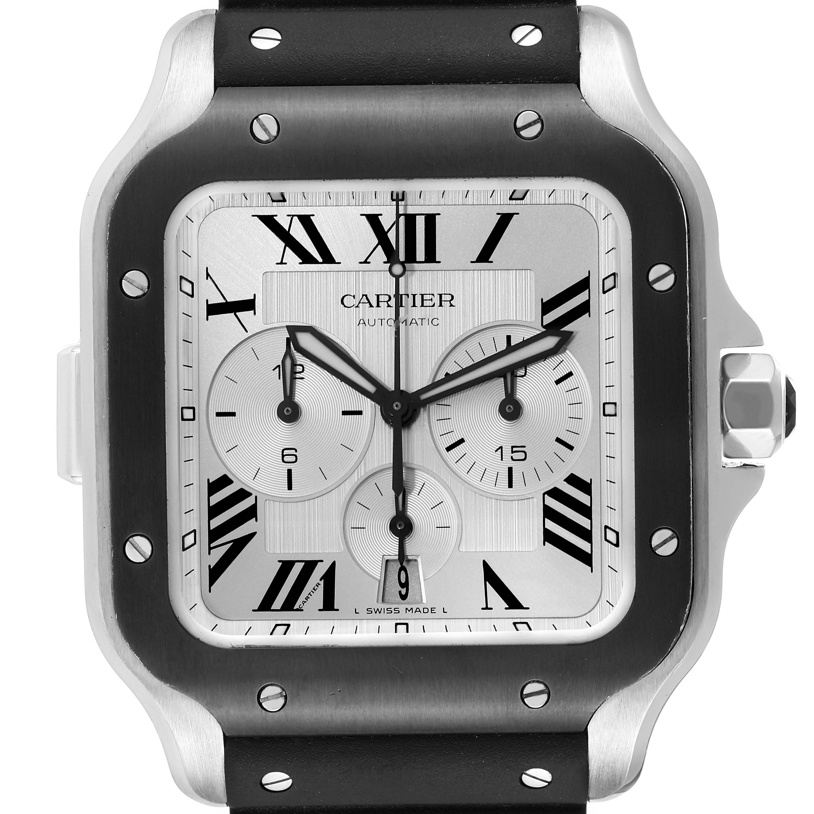 This image shows a close-up of the dial and bezel of a Cartier Santos WSSA0017 Men
s Stainless Steel Silver Dial WSSA0017 Men
s Stainless Steel Silver Dial watch, highlighting its Roman numerals and chronograph subdials.